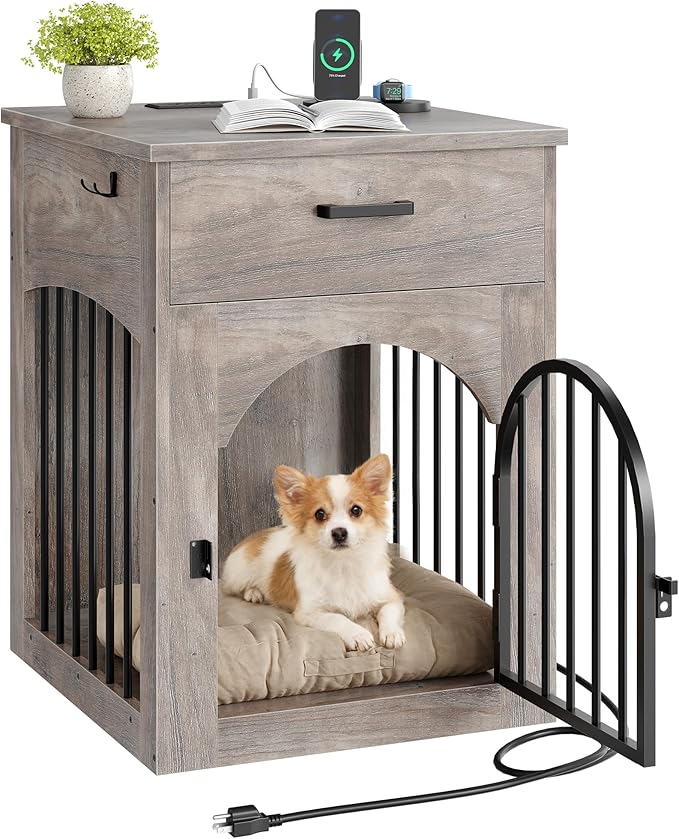 Wooden Dog Crate Furniture with Charging Station and Storage Drawer