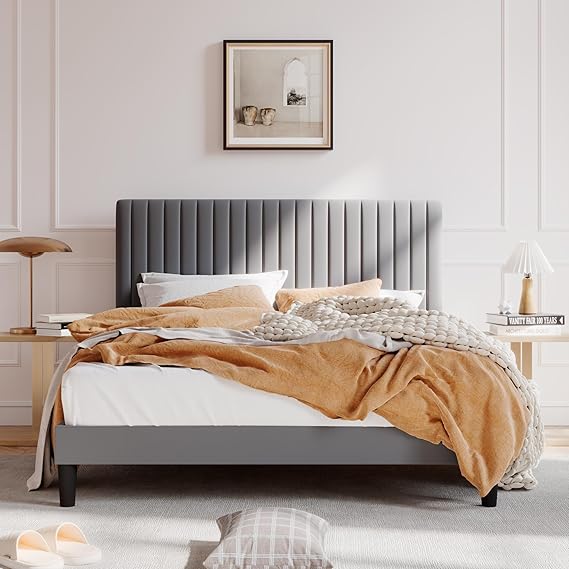 Queen Upholstered Platform Bed Frame with Adjustable Headboard