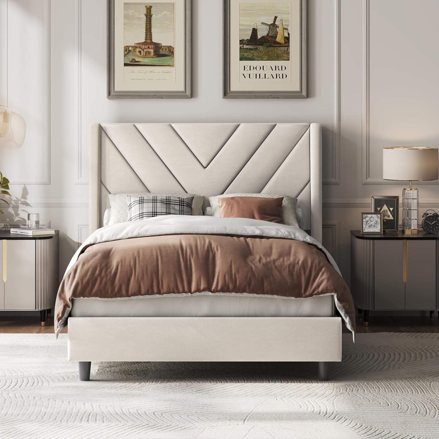 Queen Upholstered Platform Bed Frame with Tufted Wingback Headboard