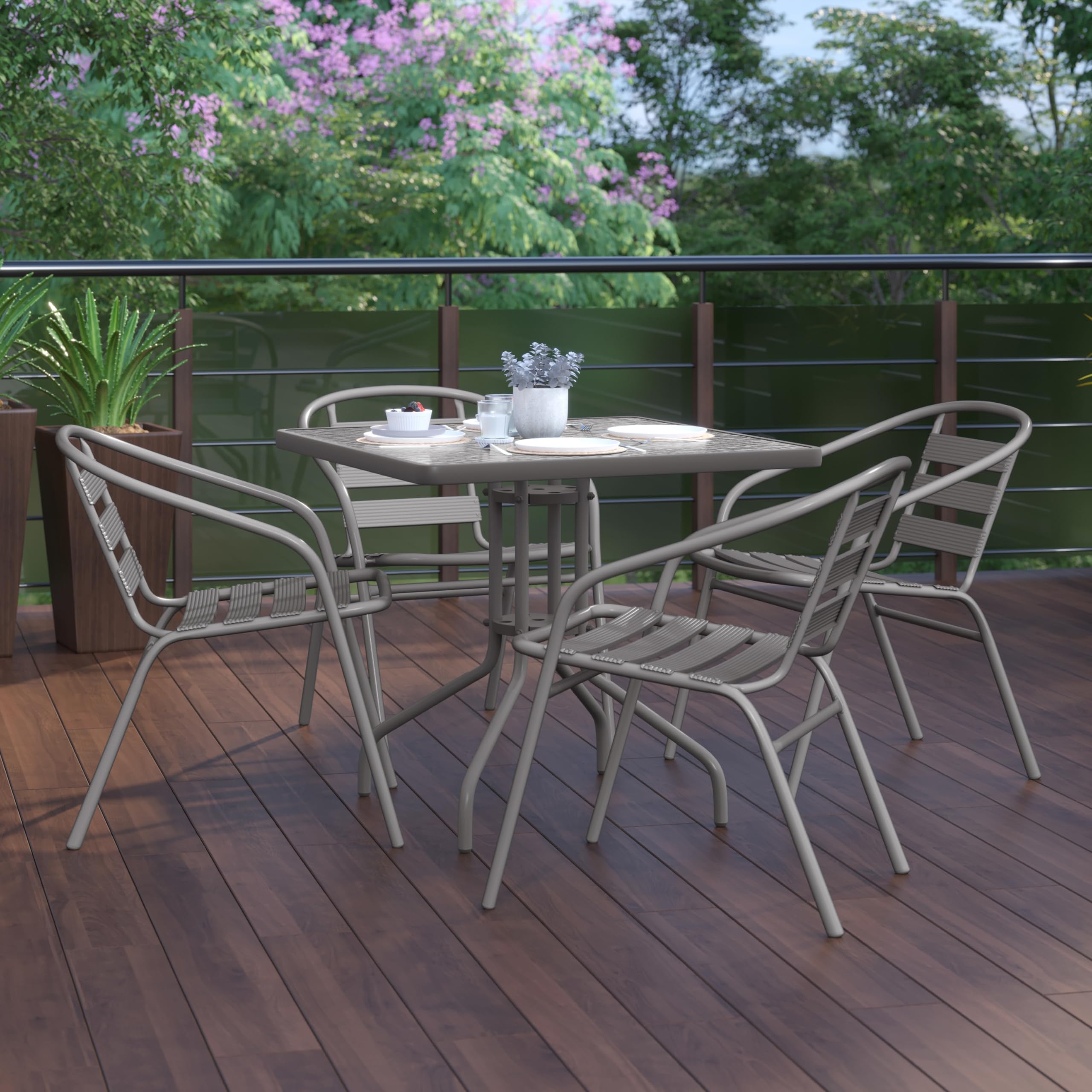 Flash Furniture TLH-0732SQ-017CSV4-GG Lila 31.5'' Square Glass Table with 4 Metal Aluminum Slat Stack Chairs, Silver