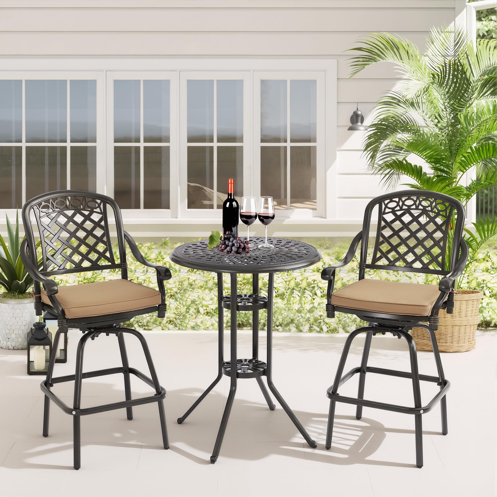 3-Piece Cast Aluminum Patio Bar Set, Outdoor Round High Top Table & 2 Swivel Bar Chairs with Cushions, All-Weather Bistro Table and Chairs Set for Patio, Lawn & Garden (1 Table +2 Swivel Chairs)