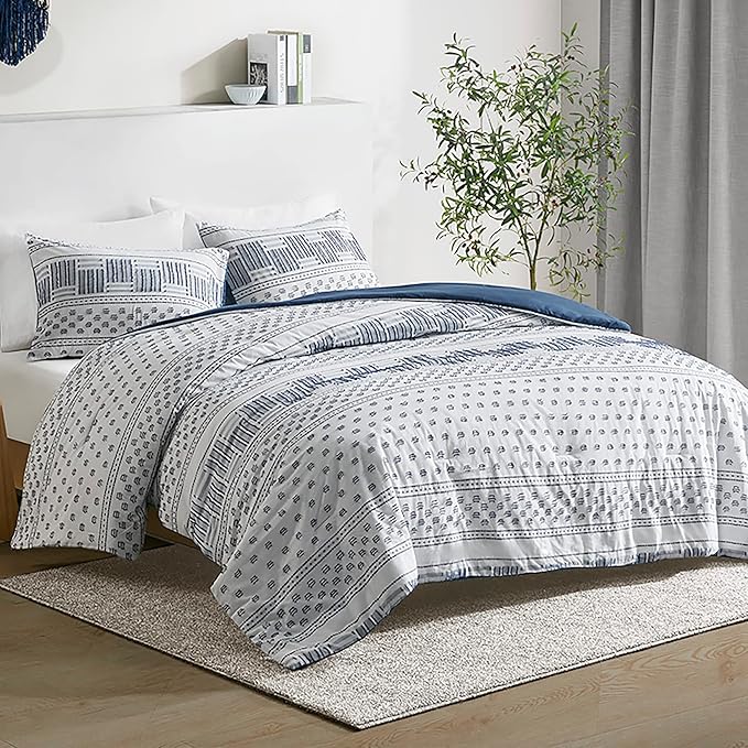 Farmhouse Comforter Set Full/Queen Ivory Striped Cotton 3-Piece