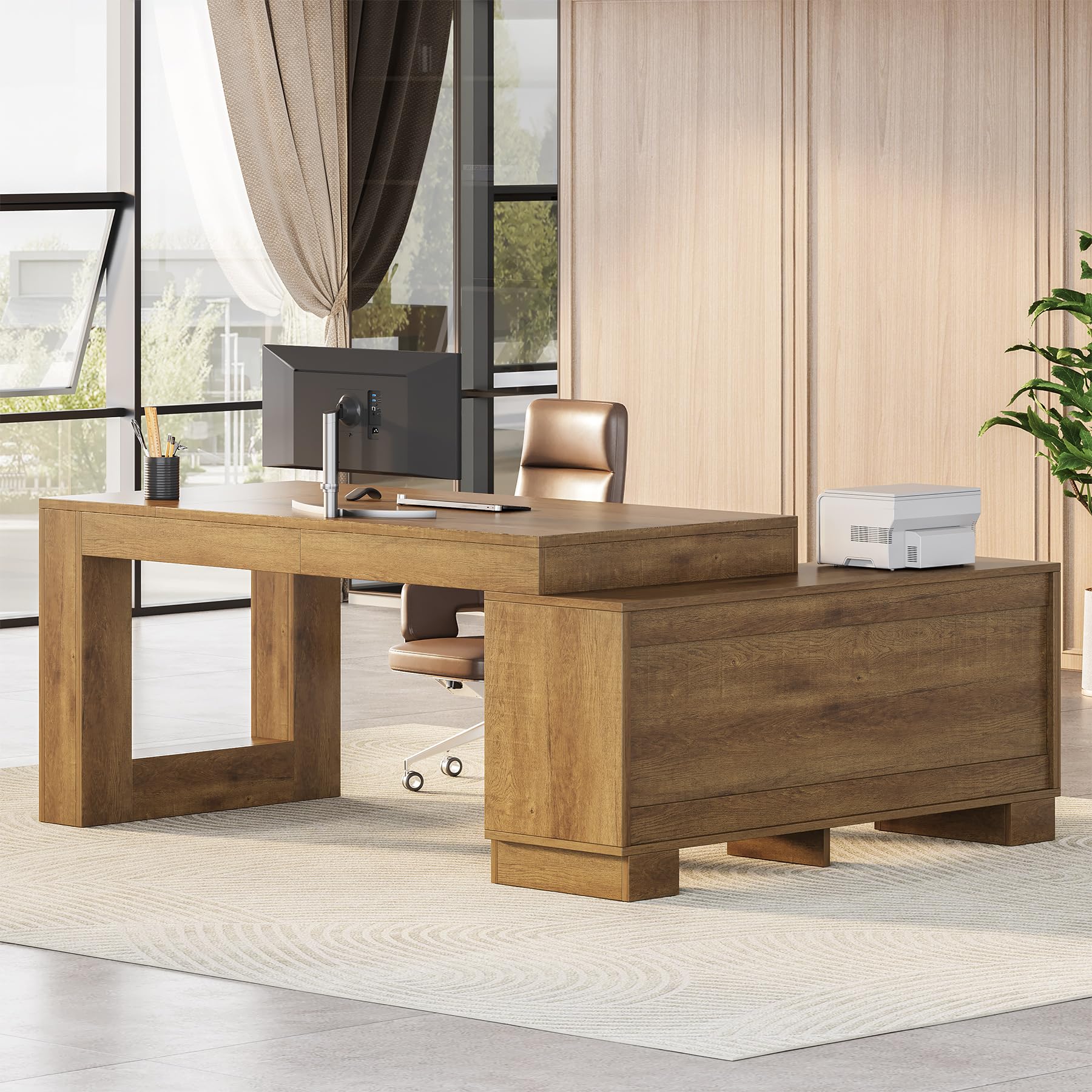 L-Shaped Executive Desk with File Cabinet