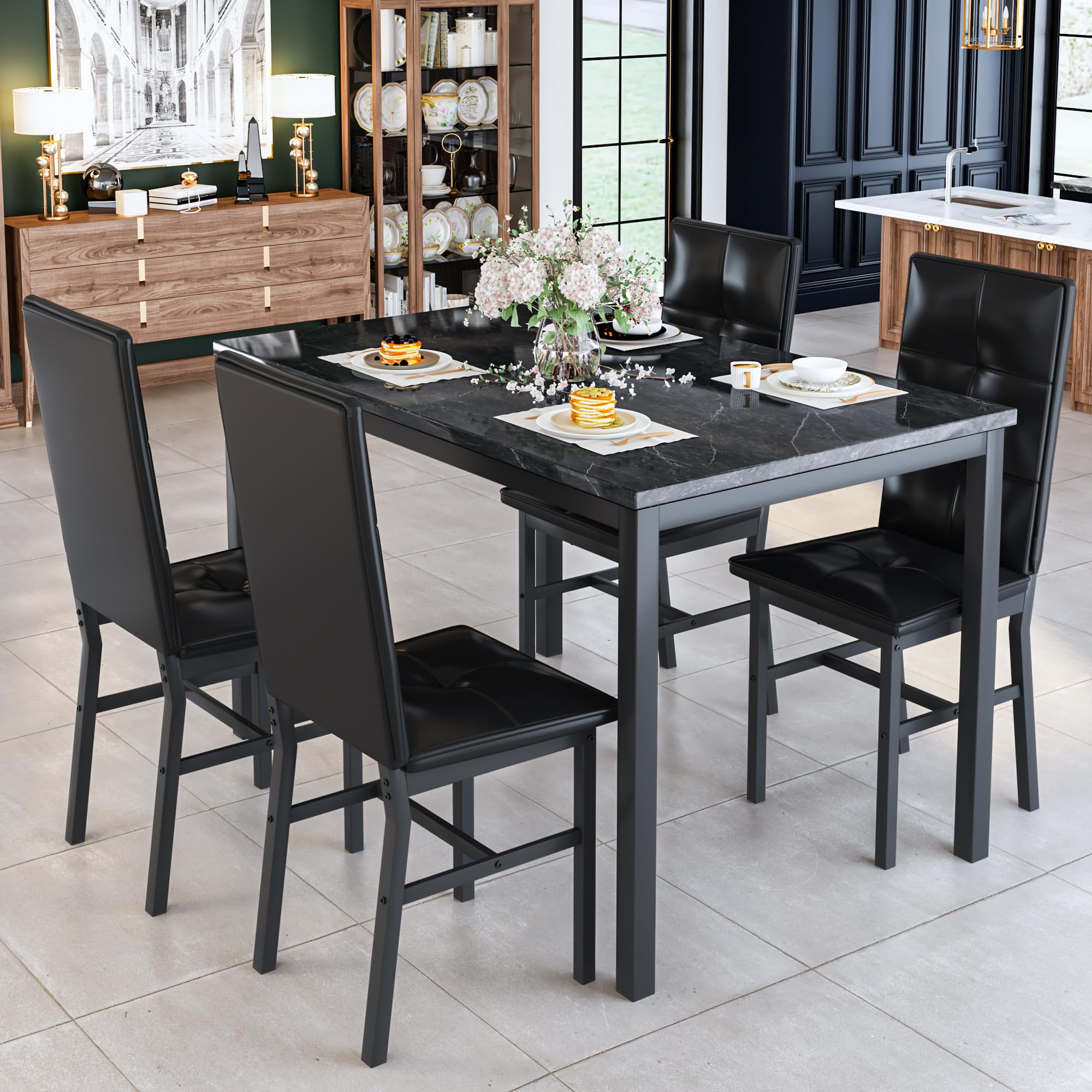 5-Piece Faux Marble Dining Table Set with 4 Chairs