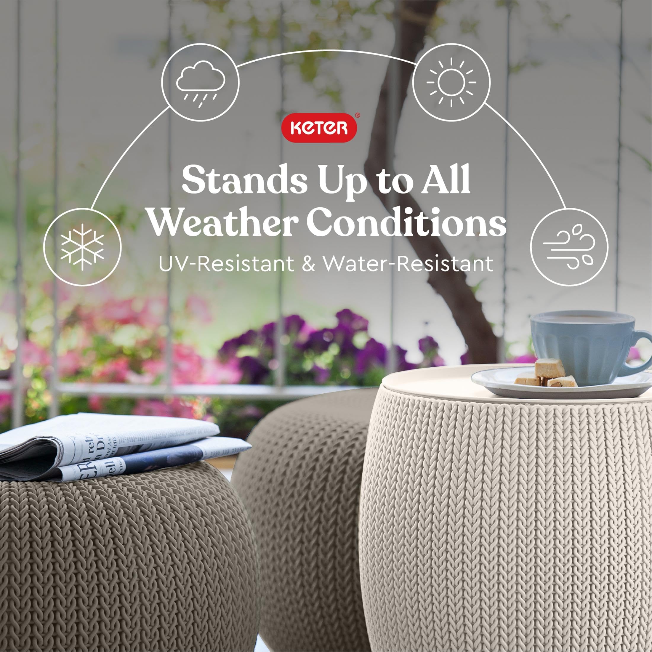 Urban Knit Pouf Ottoman Set with Storage Table - Outdoor Seating