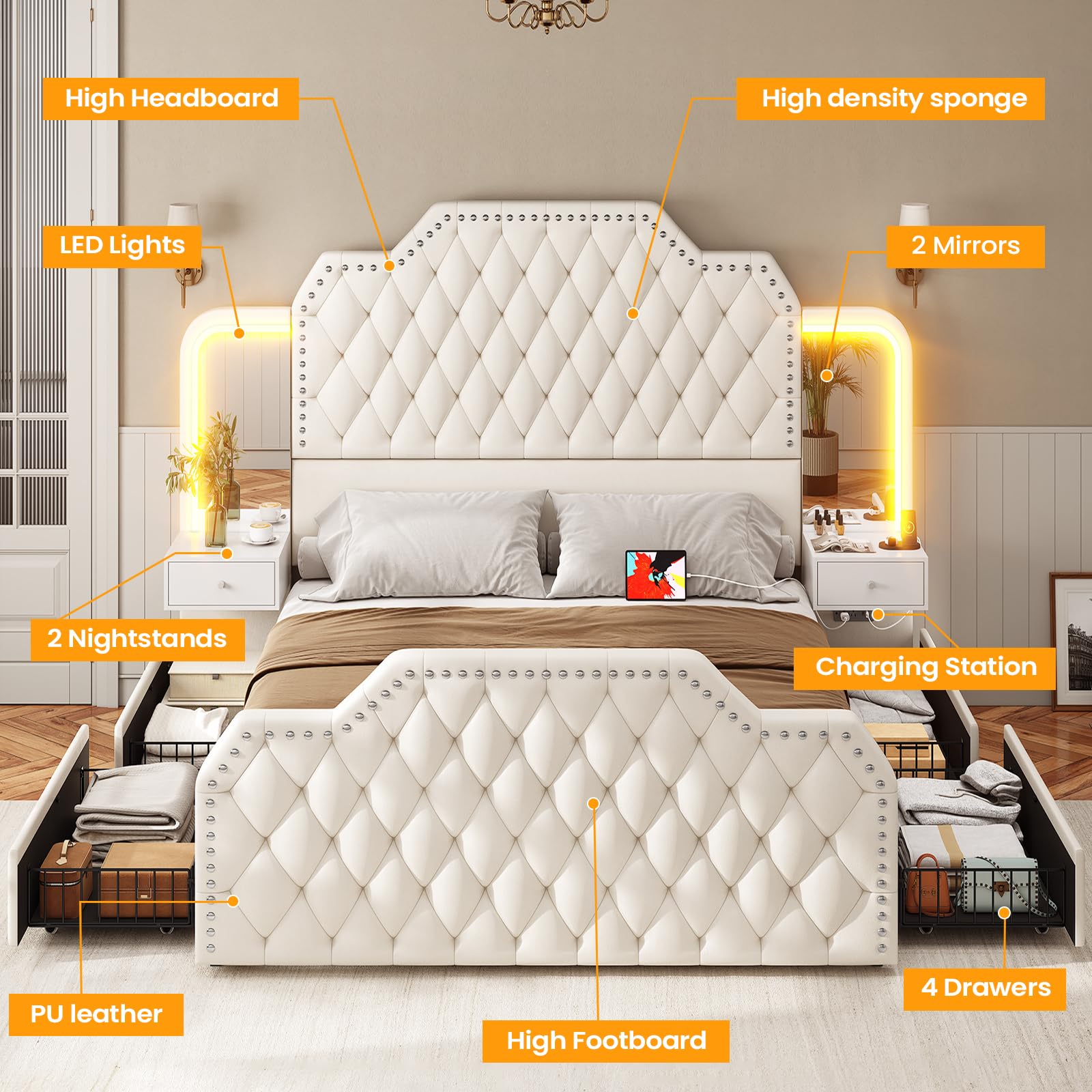 Queen Platform Bed Frame with 53" Tall Headboard and 4 Storage Drawers