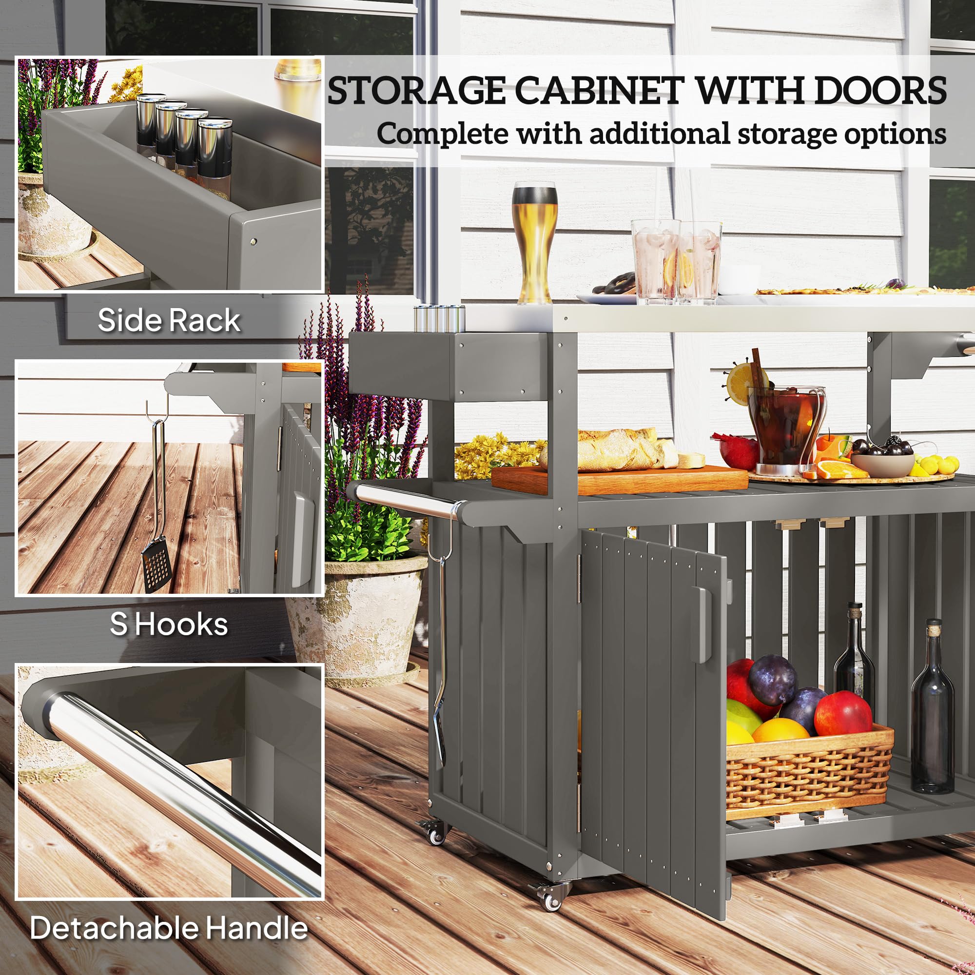 Outdoor Bar Cart with Storage Cabinet and Stainless Steel Top