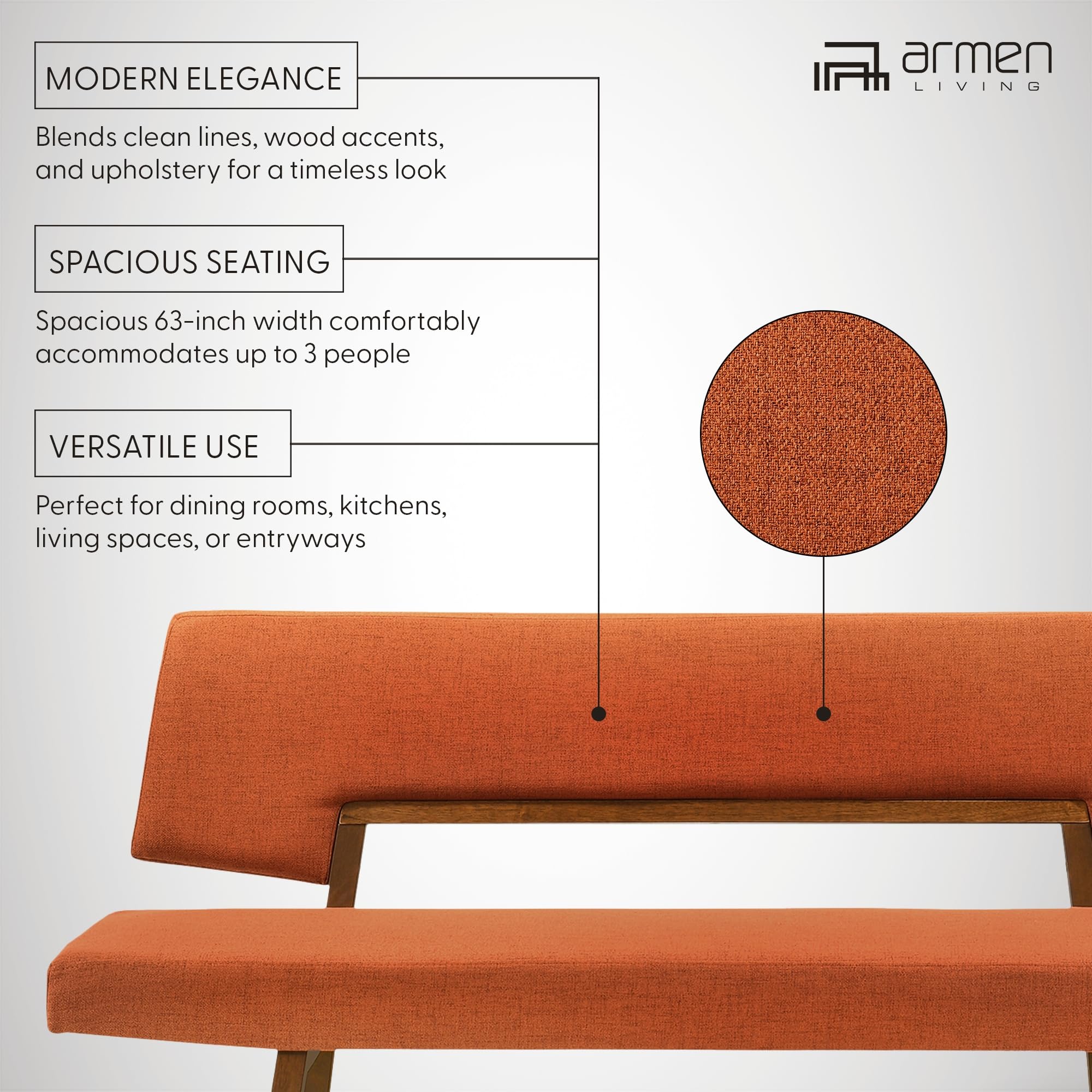 Channell Wood Dining Bench in Walnut Finish with Orange Fabric