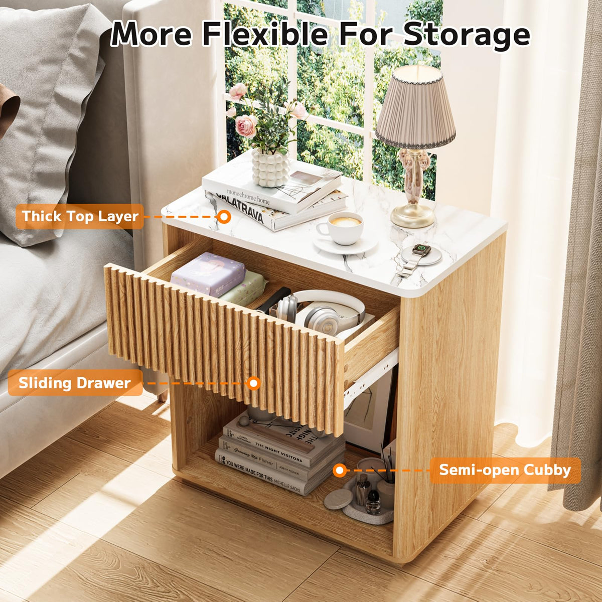Modern Fluted Nightstand Set of 2 with Drawer and Open Shelf