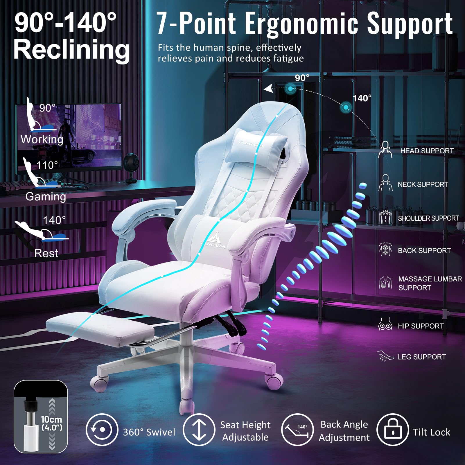 White Ergonomic Gaming Chair with Massage Lumbar and Footrest
