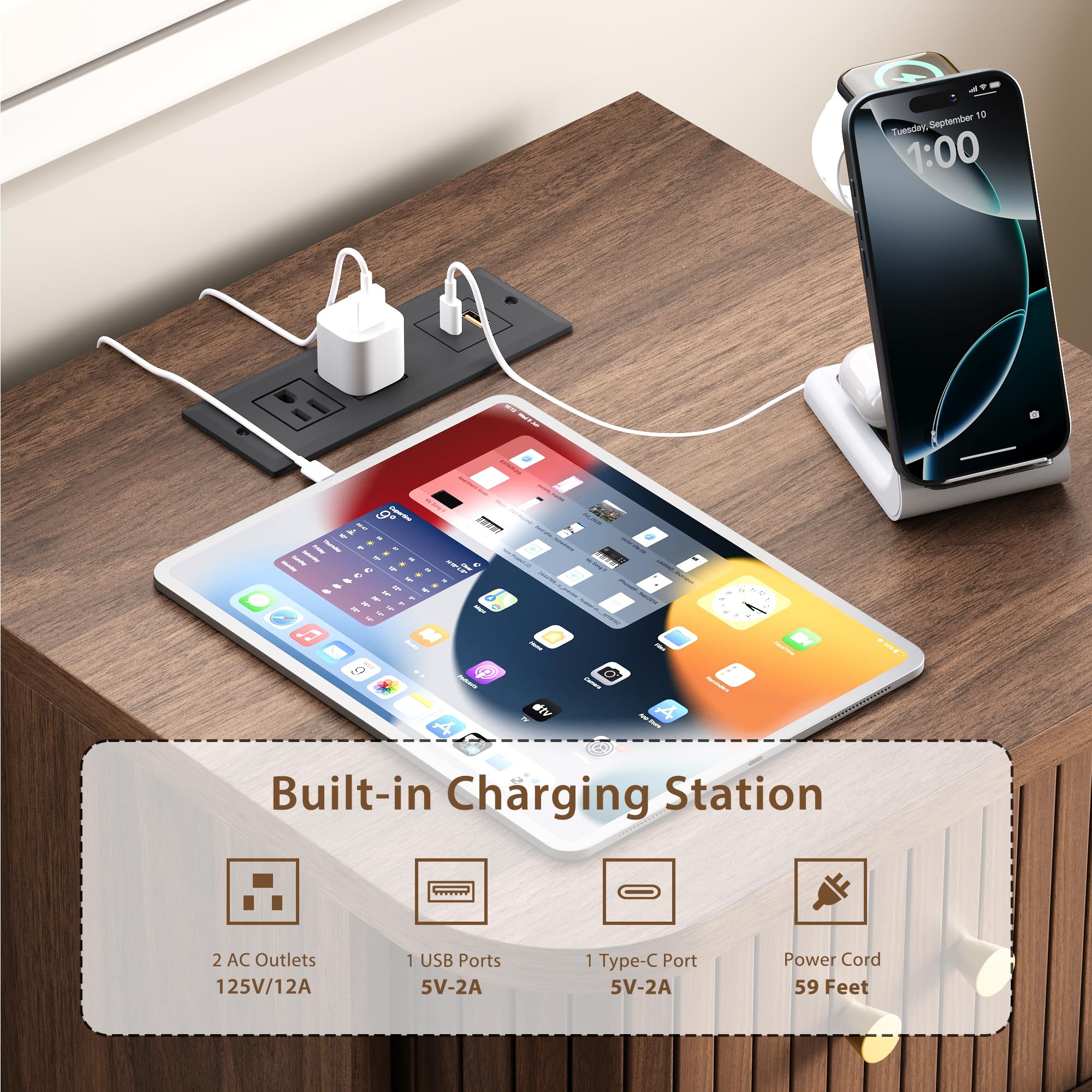 Fluted Nightstand Set with Charging Station