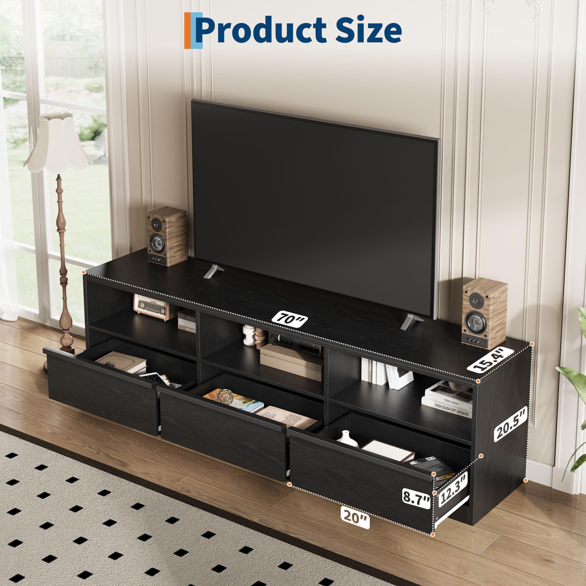 70 Inch TV Stand with Storage Drawer and Open Shelves
