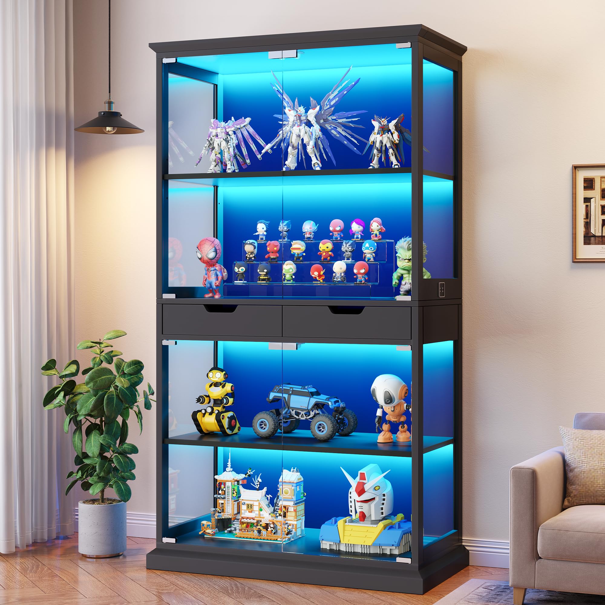 68" Glass Display Cabinet with RGB LED, Human Sensor & 2 Drawers