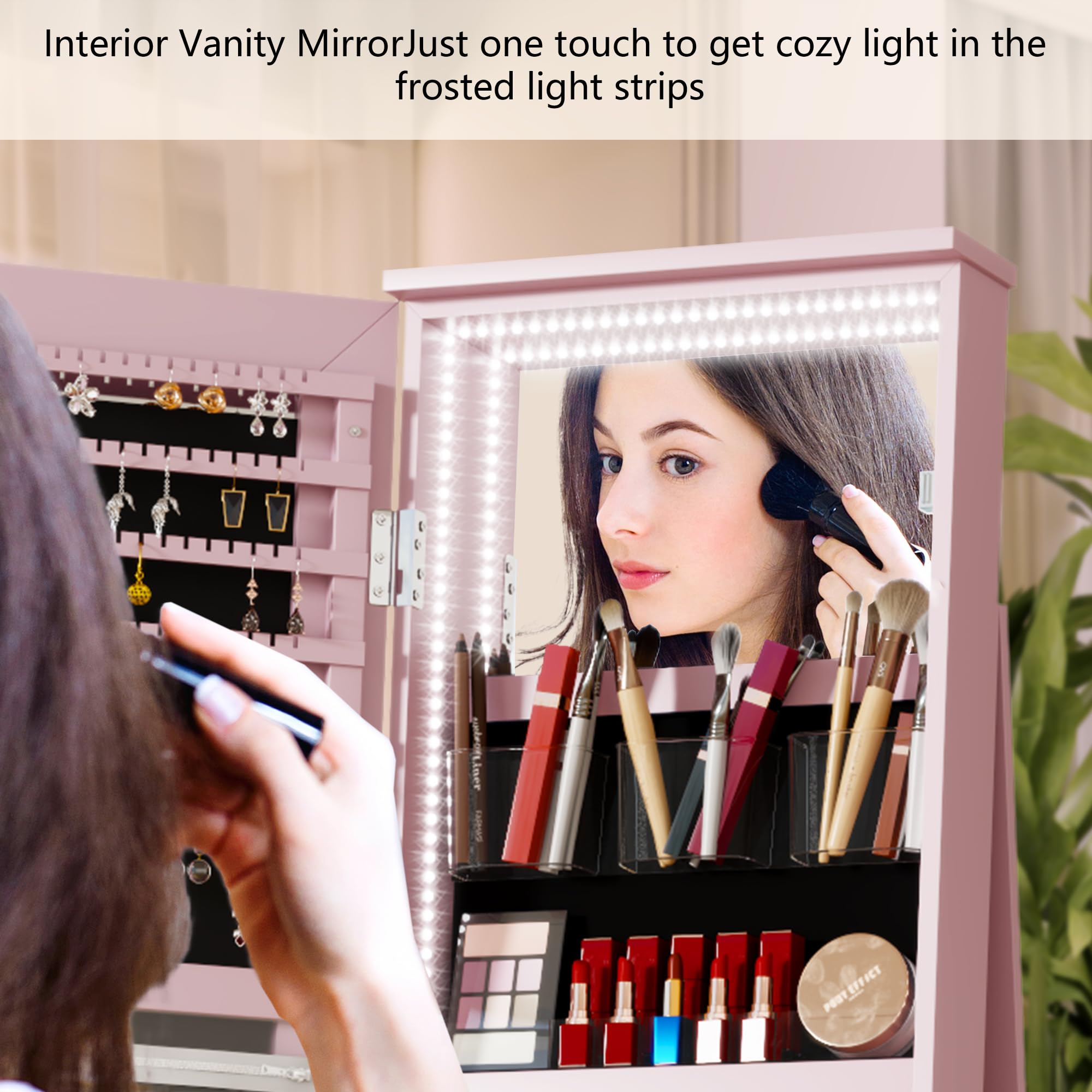 LED Mirror Jewelry Cabinet with 360° Swivel Storage