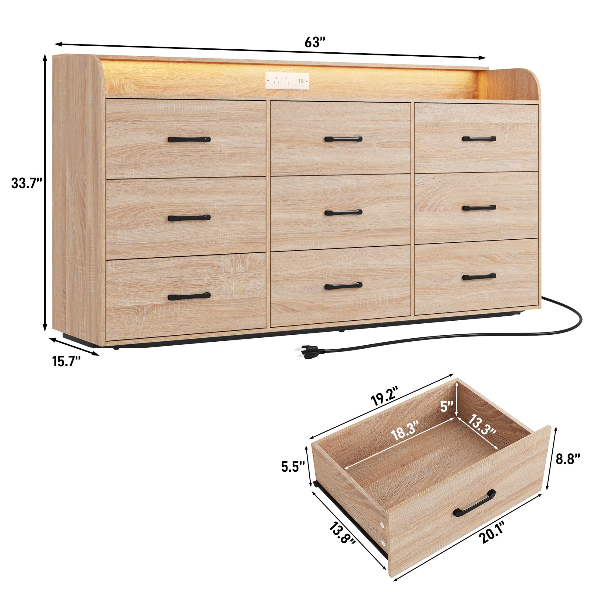 63 Inch Wood Dresser with 9 Drawers and Power Outlet