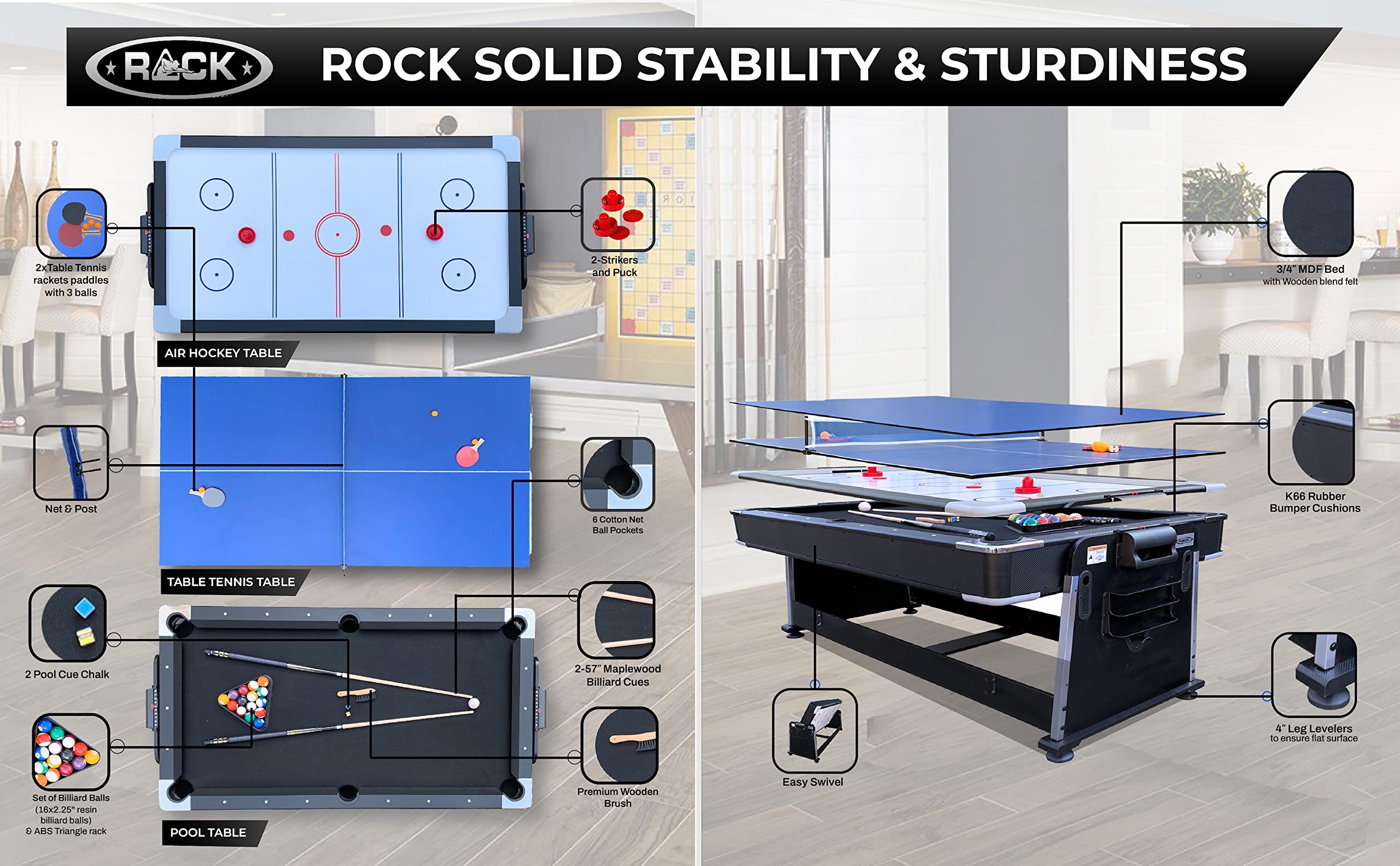 7-Foot 3-in-1 Multi-Game Swivel Table