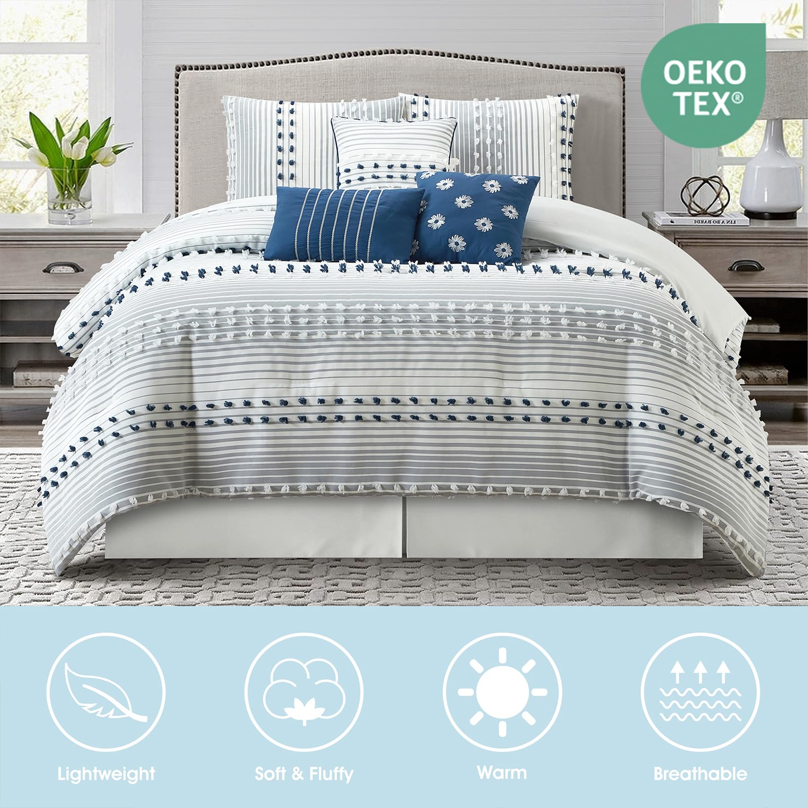 Queen Comforter Set Blue Jacquard Striped 7-Piece