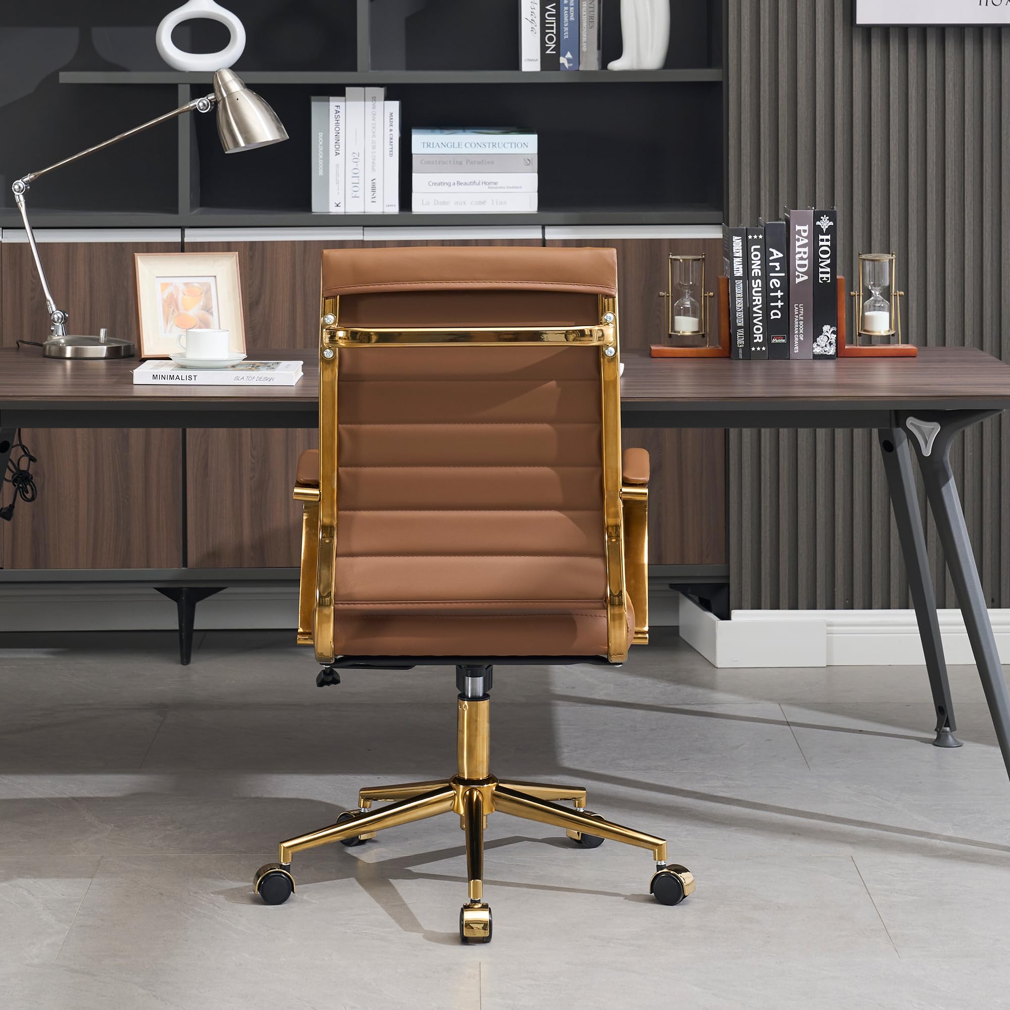Okeysen Gold Office Desk Chair, Ergonomic Leather Modern Conference Room Chairs, Executive Ribbed Height Adjustable Swivel Rolling Golden Chair for Home Office.
