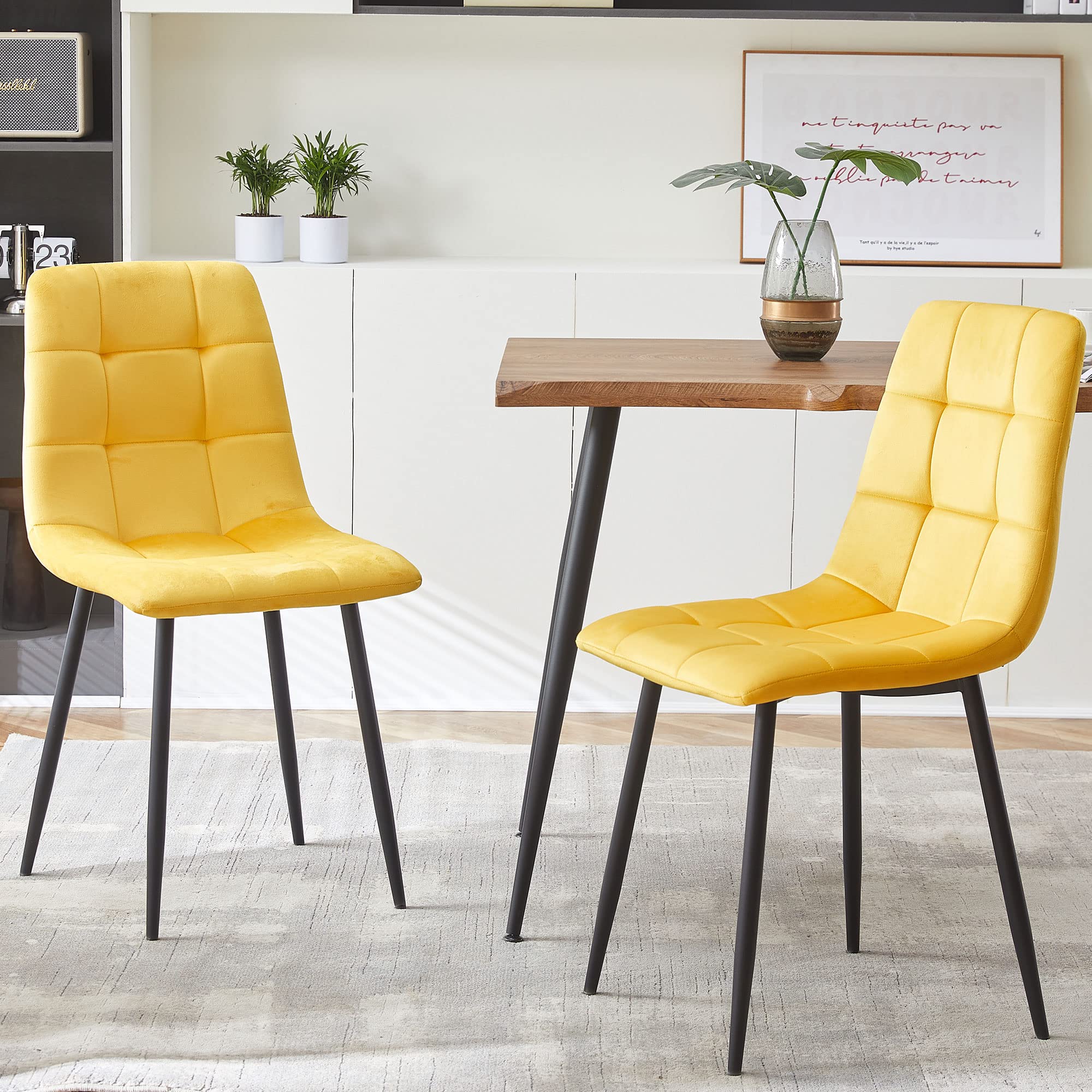 5-Piece Dining Table Set with Yellow Velvet Chairs