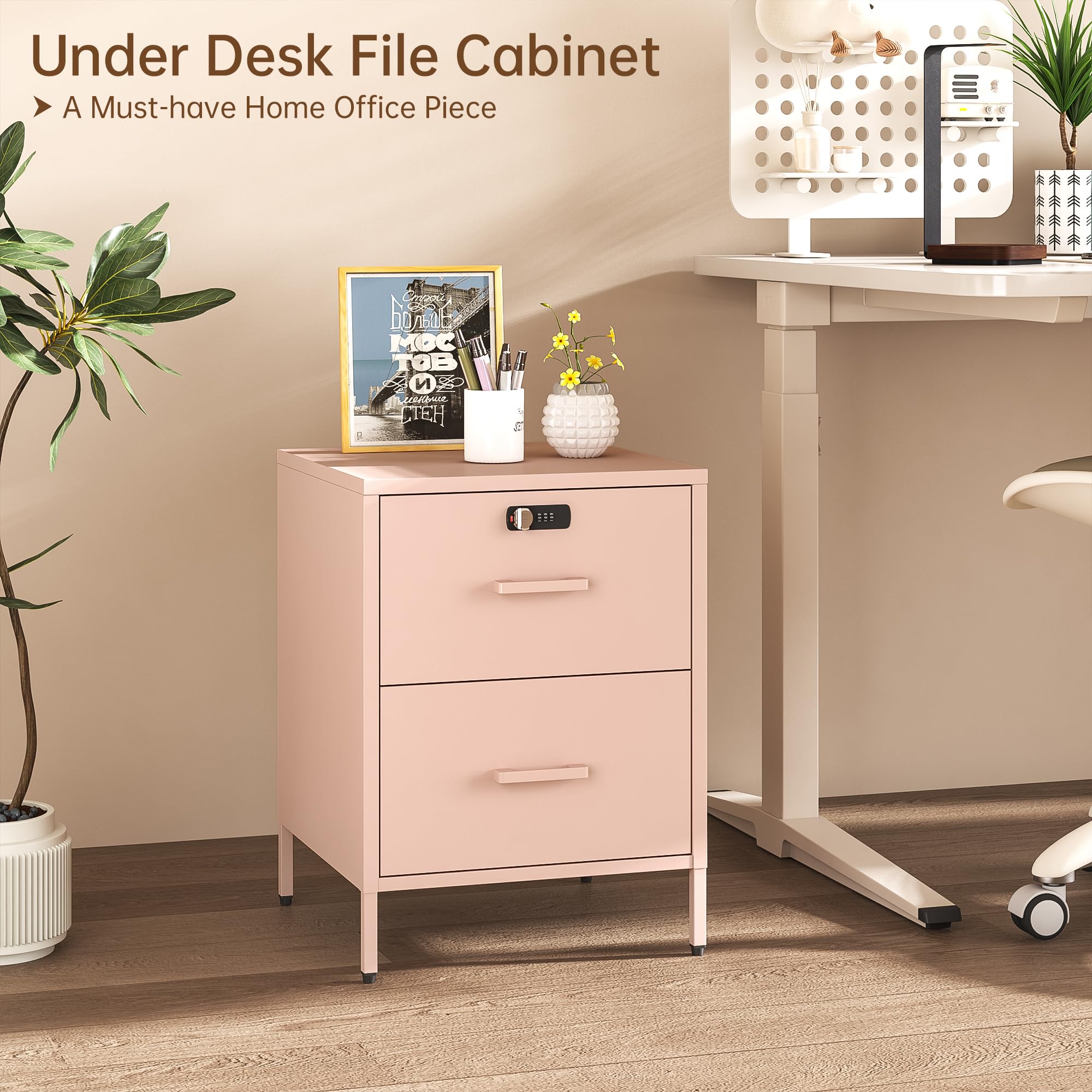 2 Drawer Lockable Metal Nightstand End Table