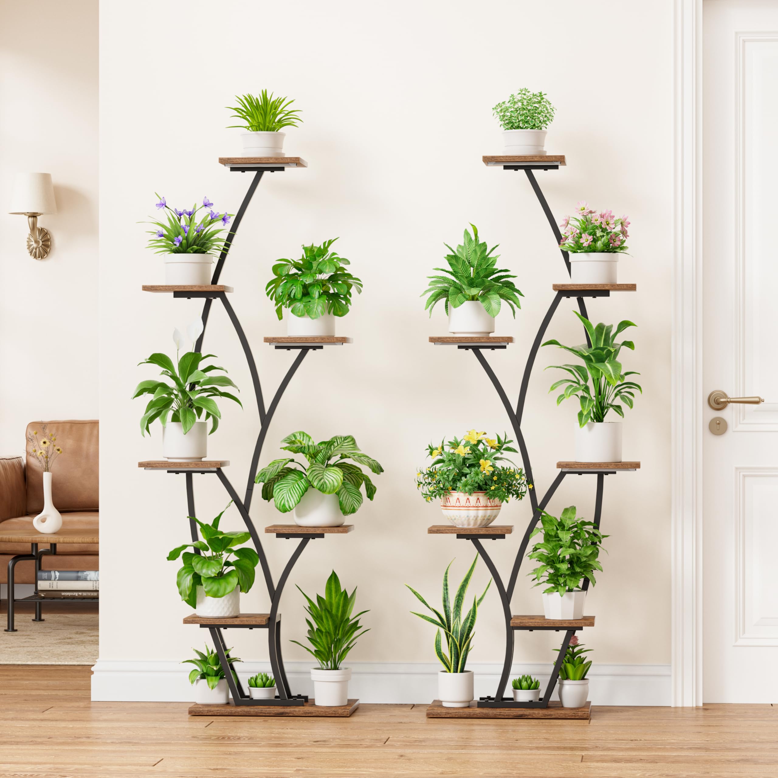 Plant Stand Indoor with Grow Lights - Lighted Indoor Plant Shelf Tall, 61" 7 Tier Large Plant Stands for Indoor Growing, 2 Pack Corner Flower Shelves, Half-Moon Metal Holder for Home Living Room Black