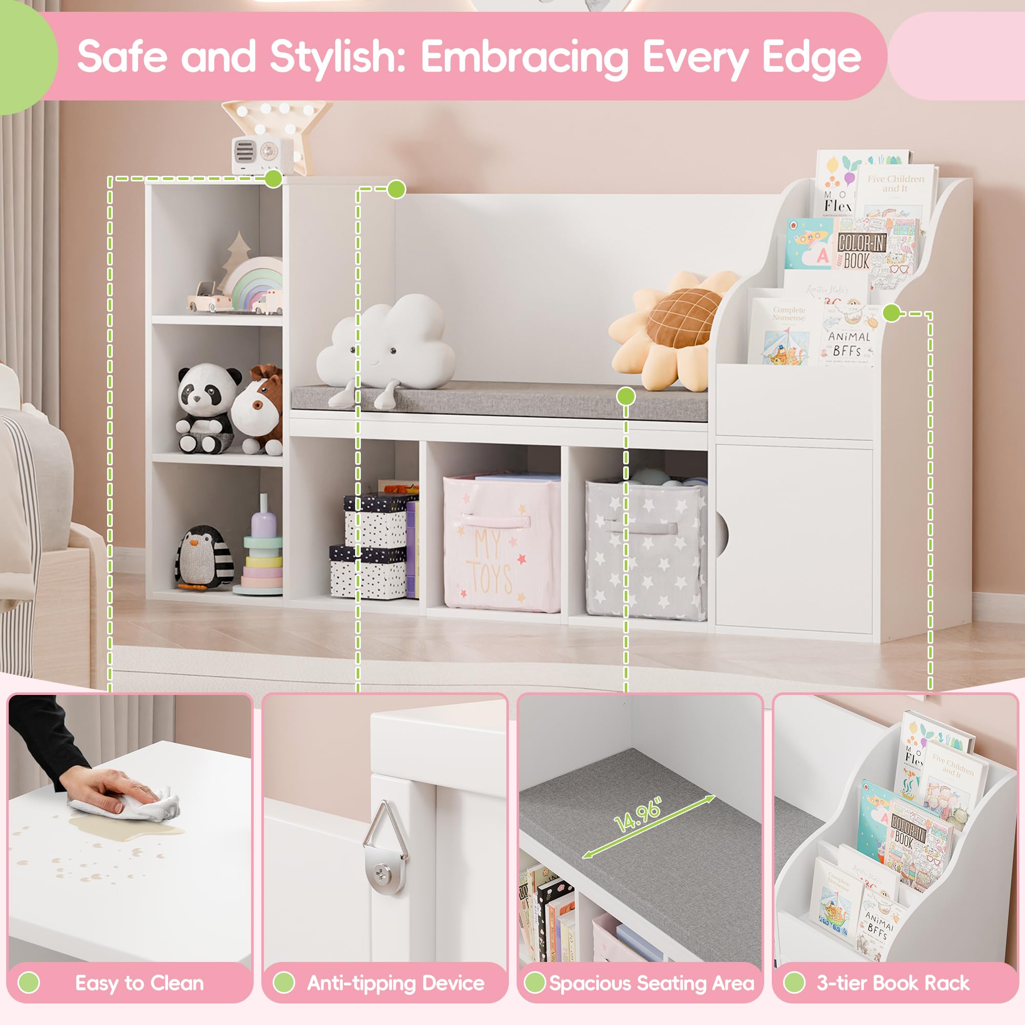 Kids Bookshelf with Reading Nook and Storage Cubbies