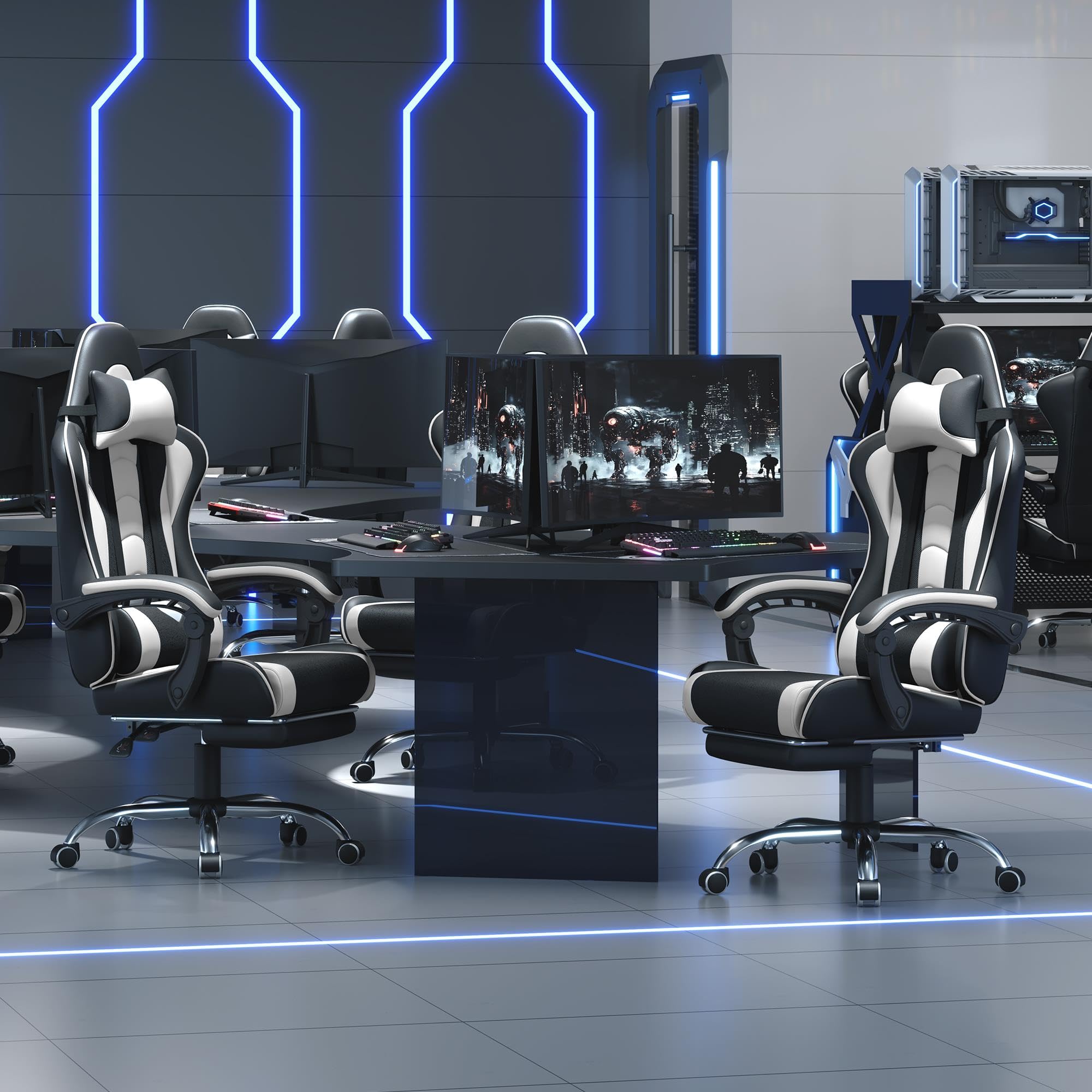 Gaming Chair with Massage Lumbar Support and Footrest