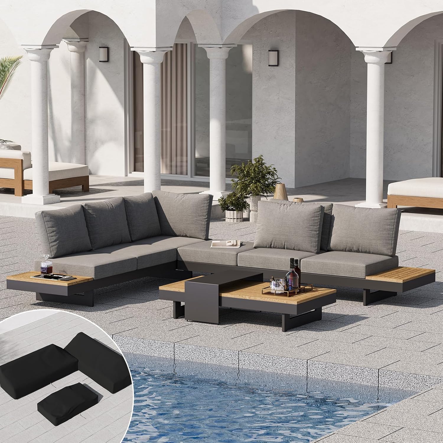 6 Piece Aluminum Teak Patio Sectional Sofa Set with Adjustable Backrests