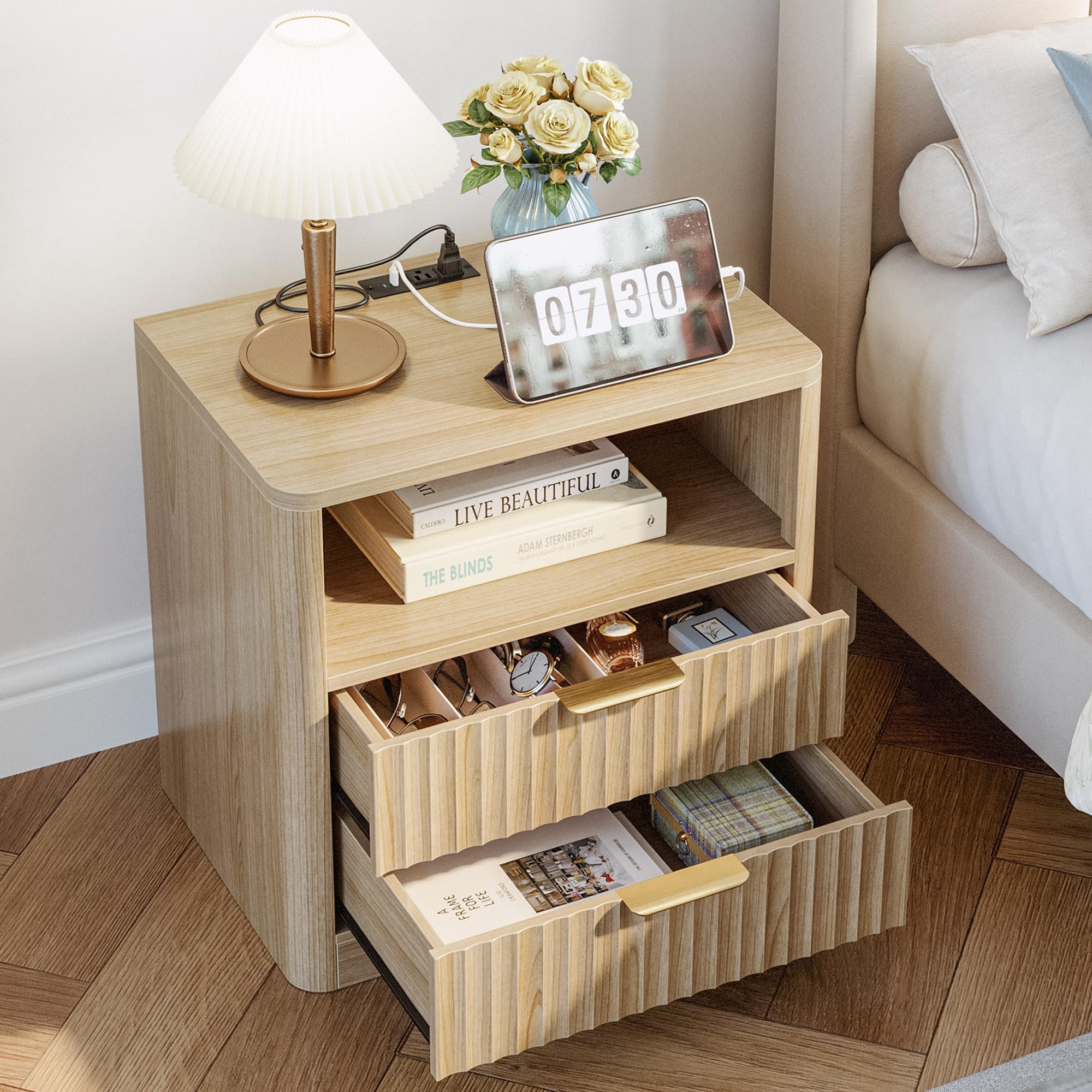 Fluted Nightstand Set with Charging Station