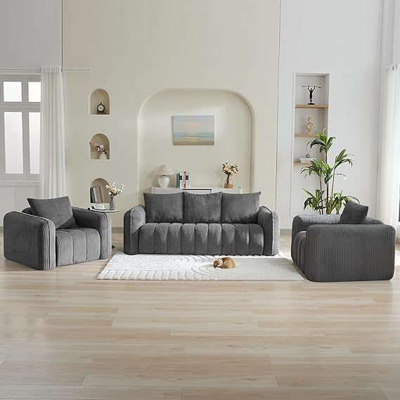 Modern Corduroy Living Room Set - Loveseat with 2 Single Chairs