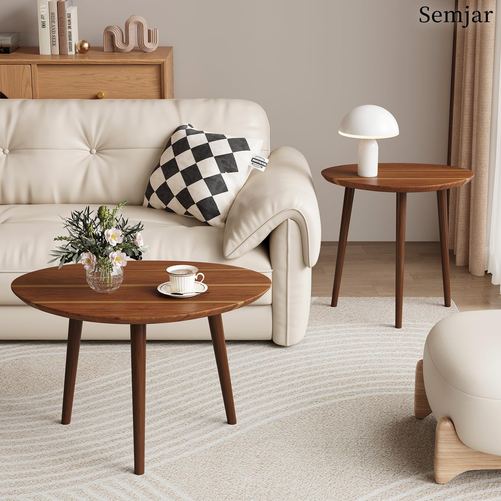 Small Oval Nesting Coffee Tables Set - Acacia Wood Tabletop