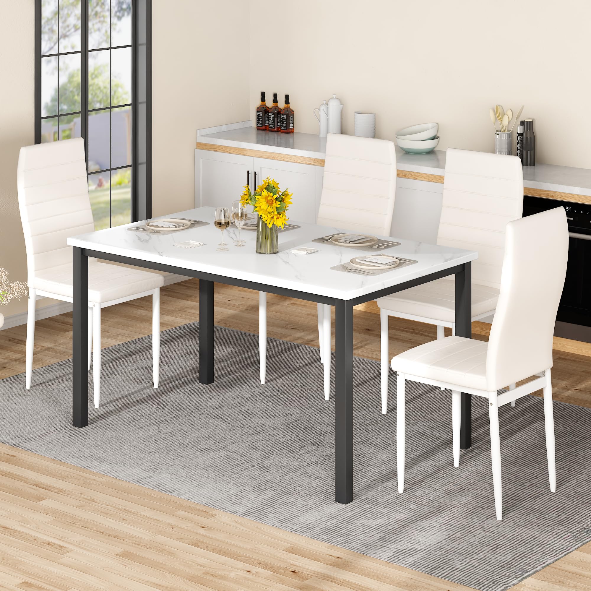 5-Piece Dining Table Set with Faux Marble Top