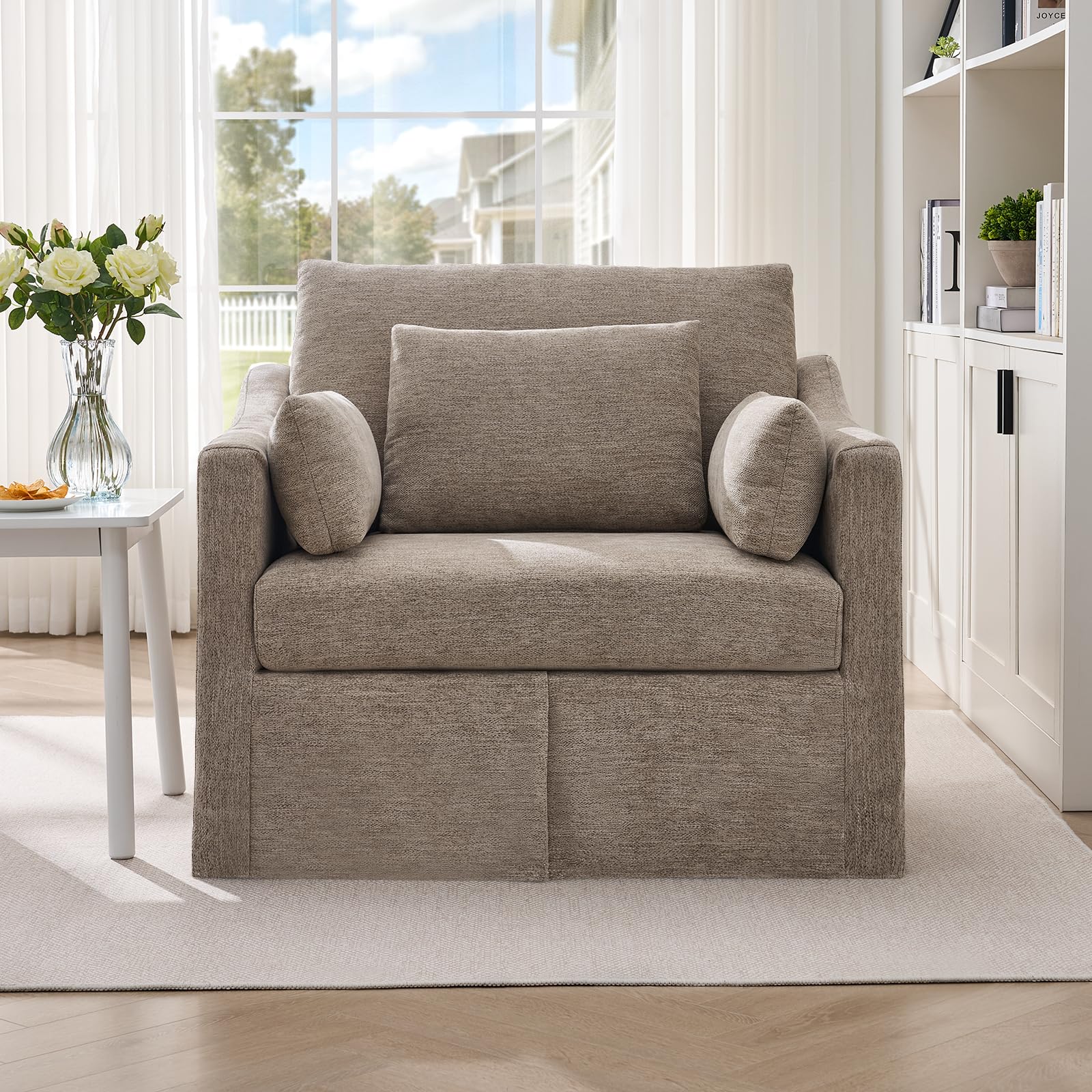 ONBRILL Accent Chair for Living Room, Slipcovered Chair with 3 Throw Pillows, Comfy Reading Chair, Deep Seat Armchair w/Sloped Arms, Modern Single Couch Sofa for Apartment, Wheat