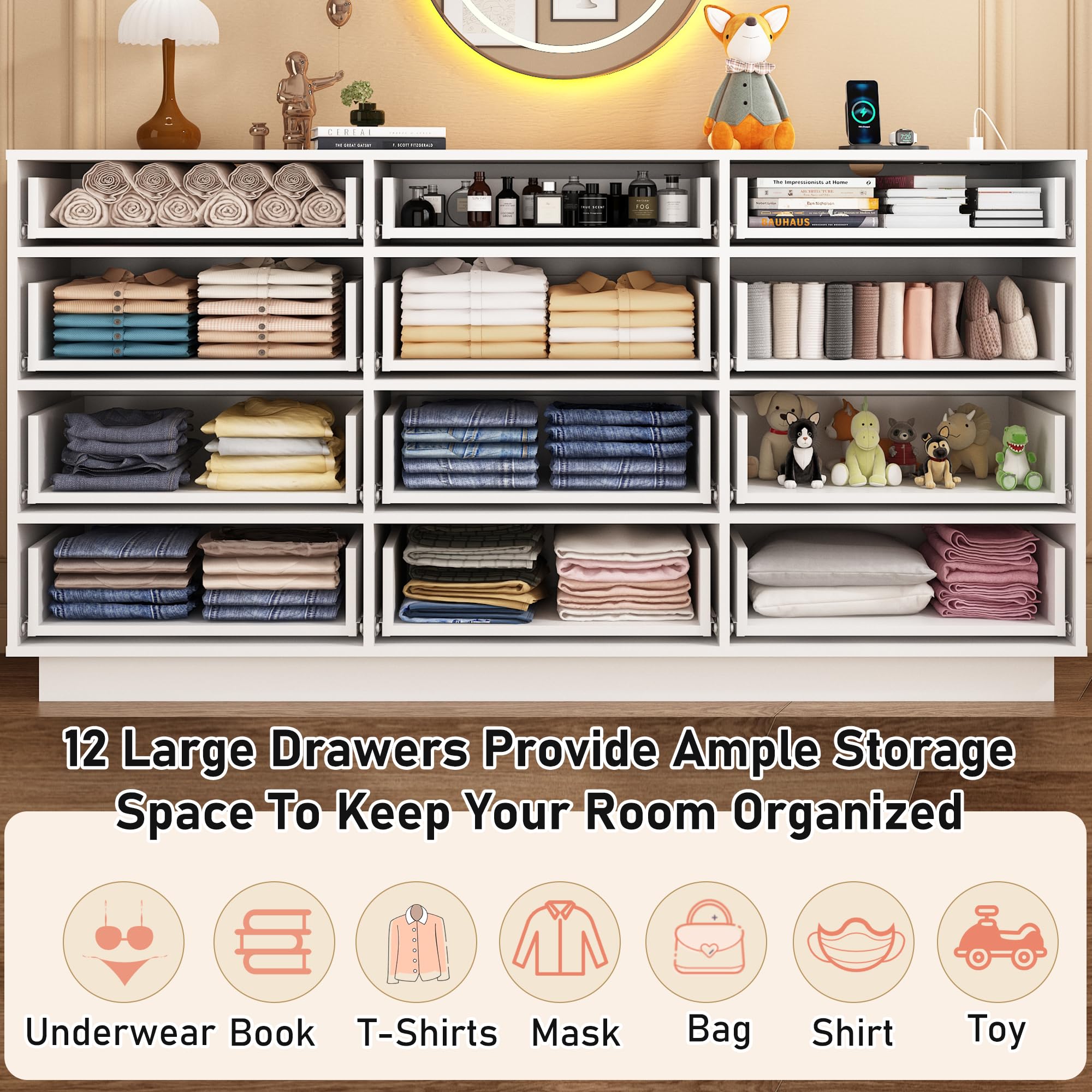 White 12 Drawer Dresser with Power Outlet and LED Lights