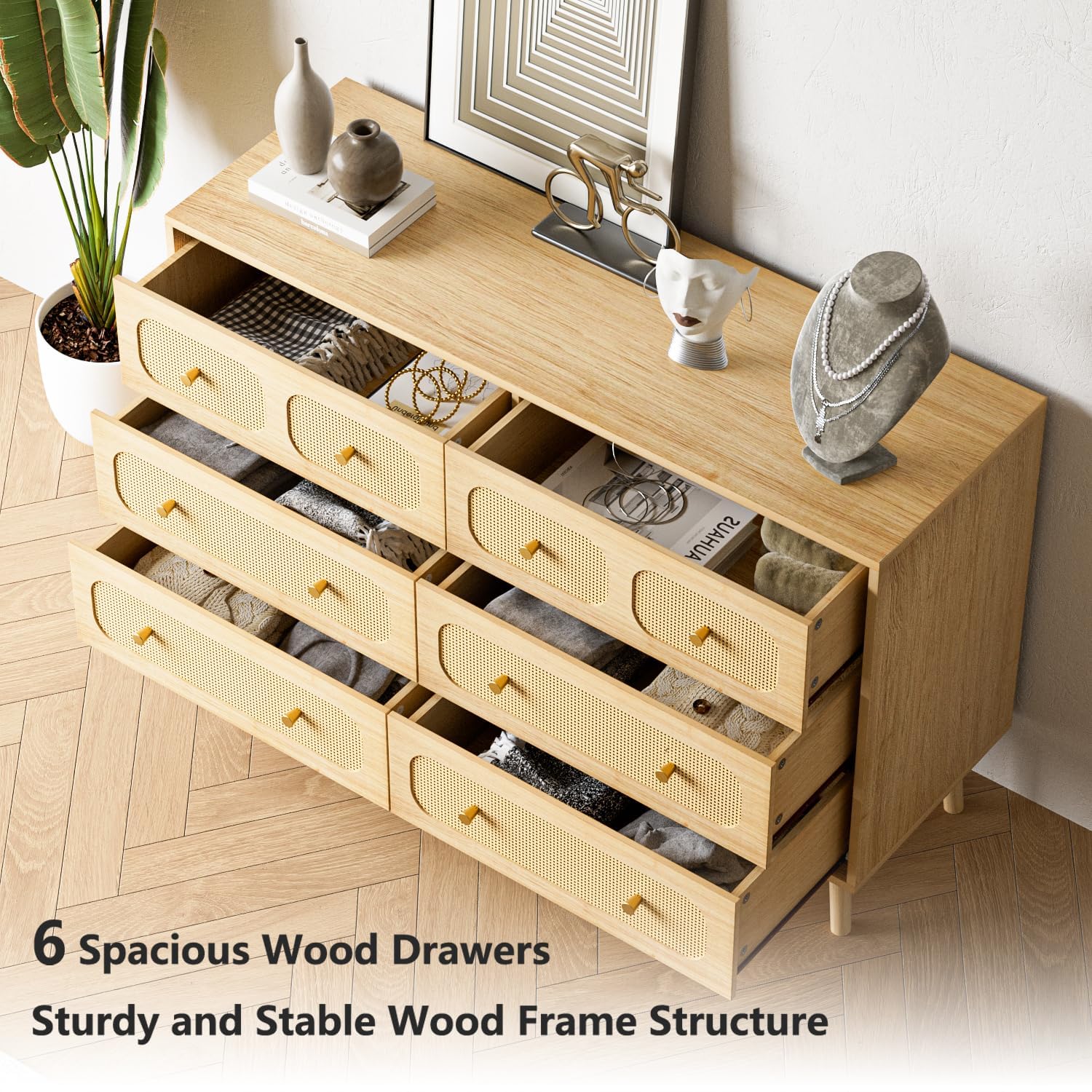 Rattan 6 Drawer Dresser with Gold Handles