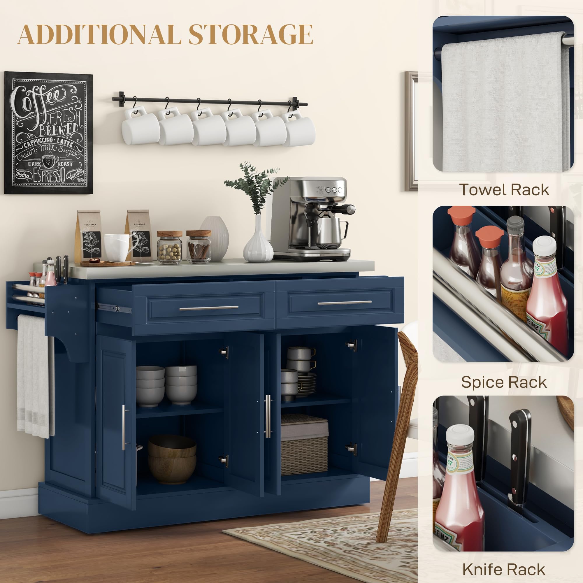 Rolling Kitchen Island Cart with Stainless Steel Top