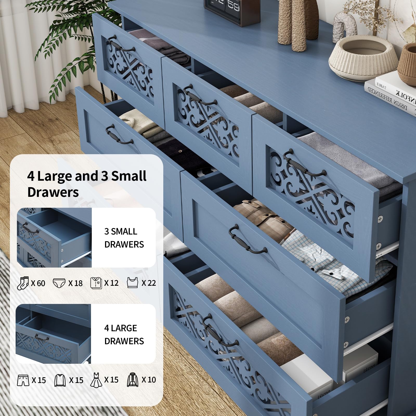 7 Drawers Dresser with Hollow Carved Design - Vintage Wood Chest