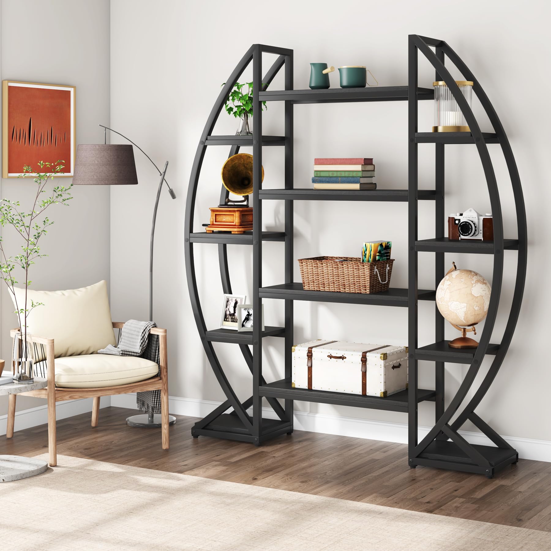 Oval Bookshelf Triple Wide 5-Tier Industrial Display