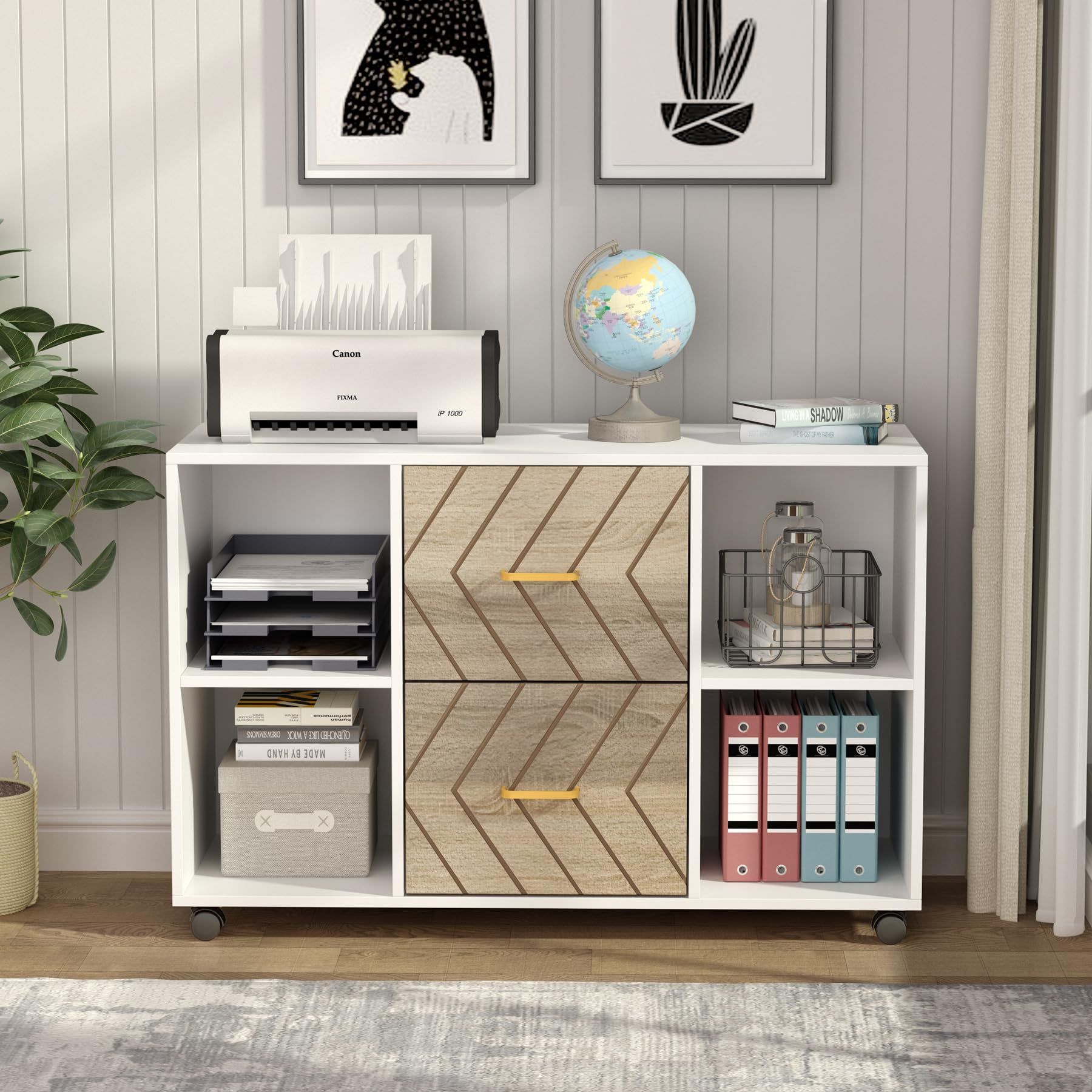 2 Drawer Mobile Lateral File Cabinet with Storage Shelves