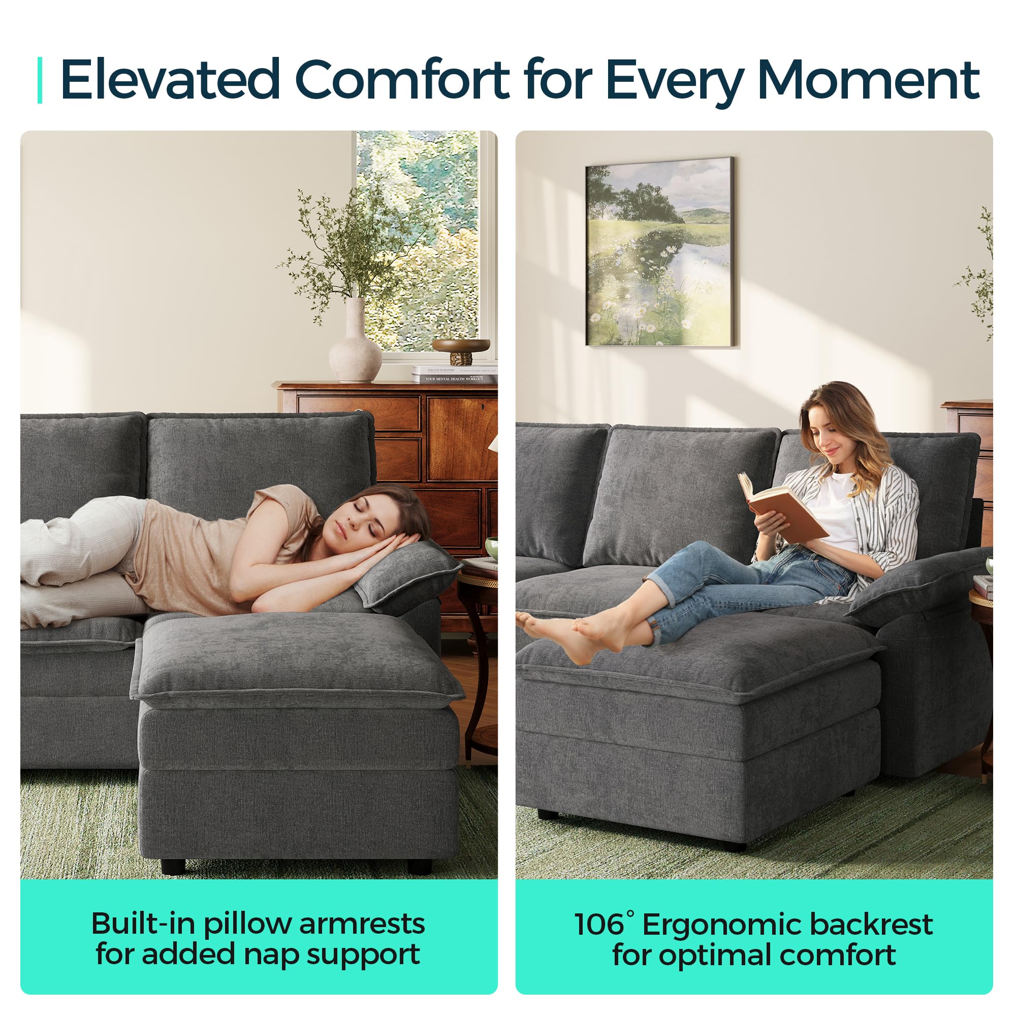 U-Shaped Cloud Couch Sectional Sofa 115" with Double Chaise Lounge