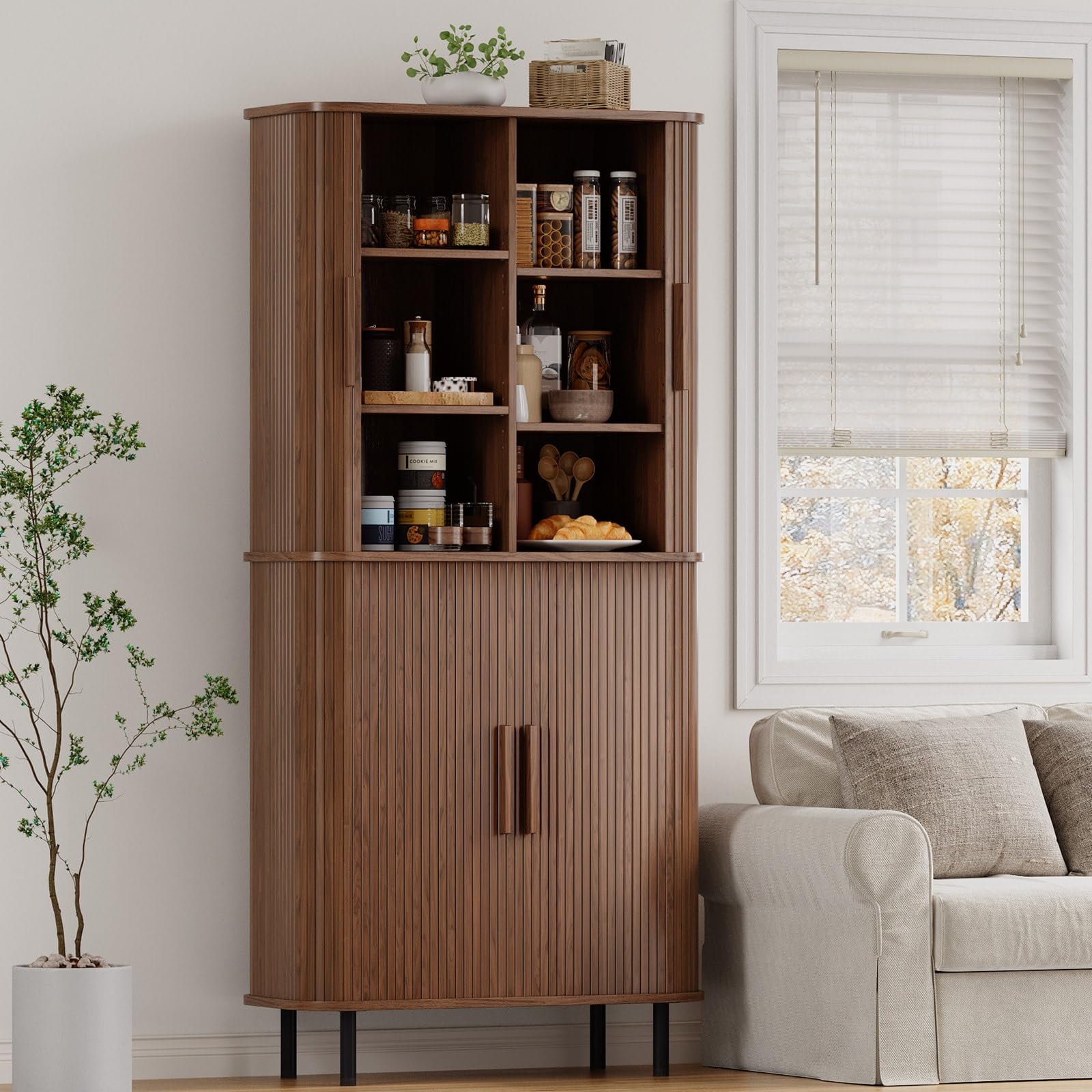 71" Fluted Pantry Cabinet with Adjustable Shelves and Pegboards