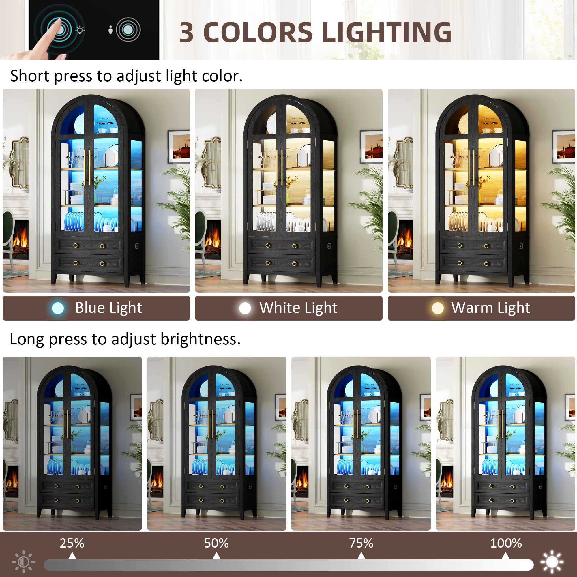 71" Arched Display Cabinet with LED Lights and Glass Doors