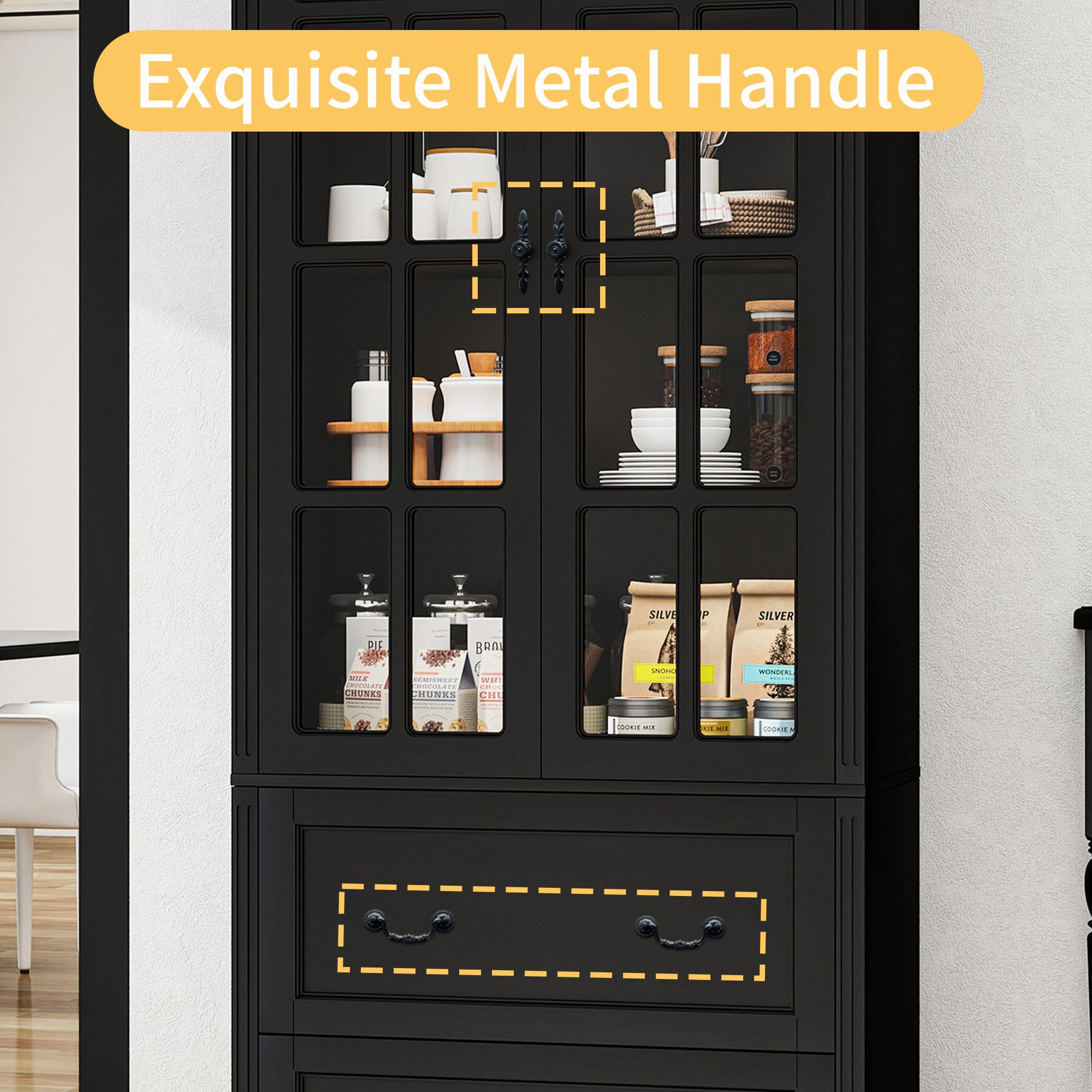 Tall Storage Cabinet with Glass Doors and Drawers