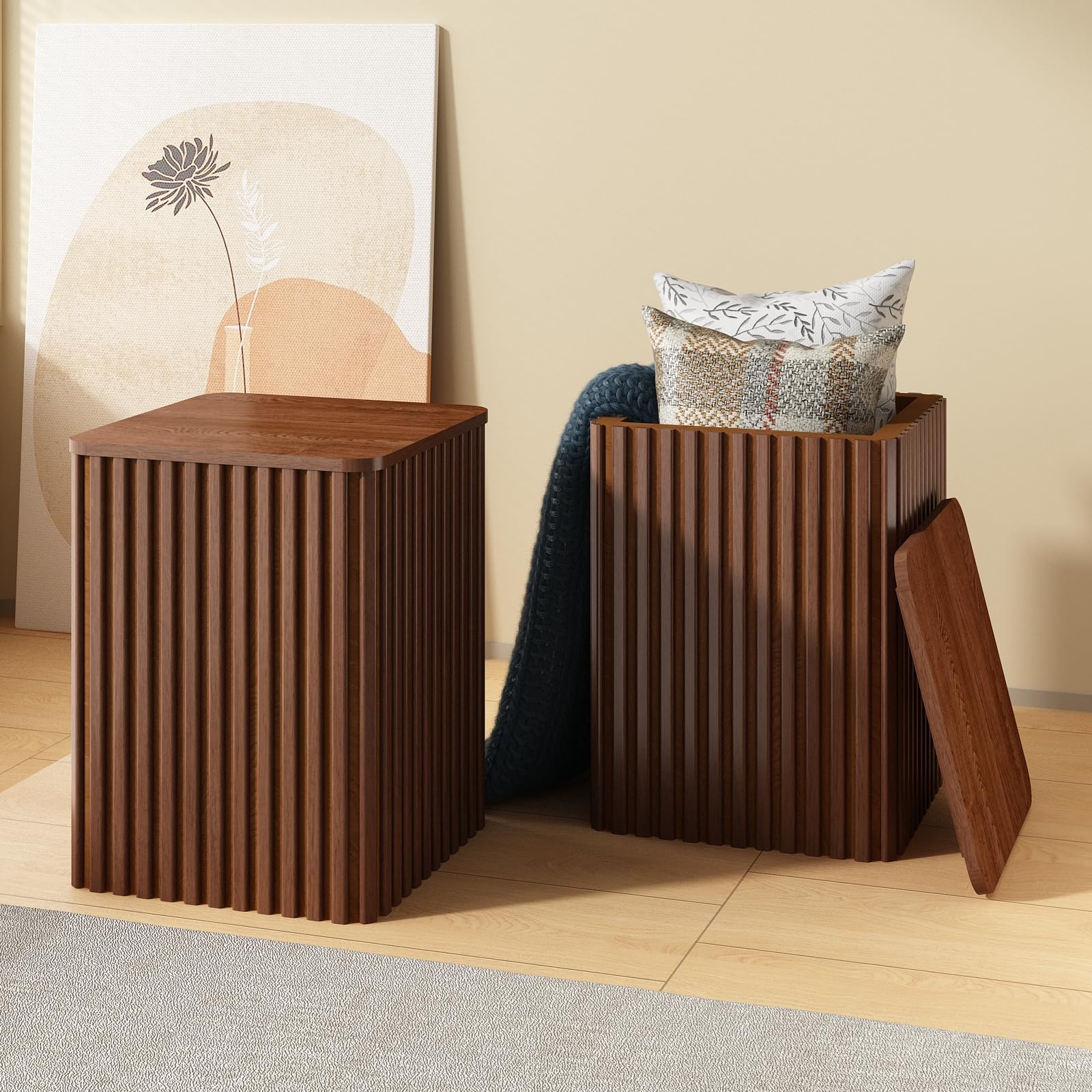 Set of 2 Fluted Side Table with Storage-Small Square End Table with Solid Wood Veneer Top, Accent Table Modern Farmhouse Pedestal Drink Table for Couch Sofa Living Room, Rustic Brown