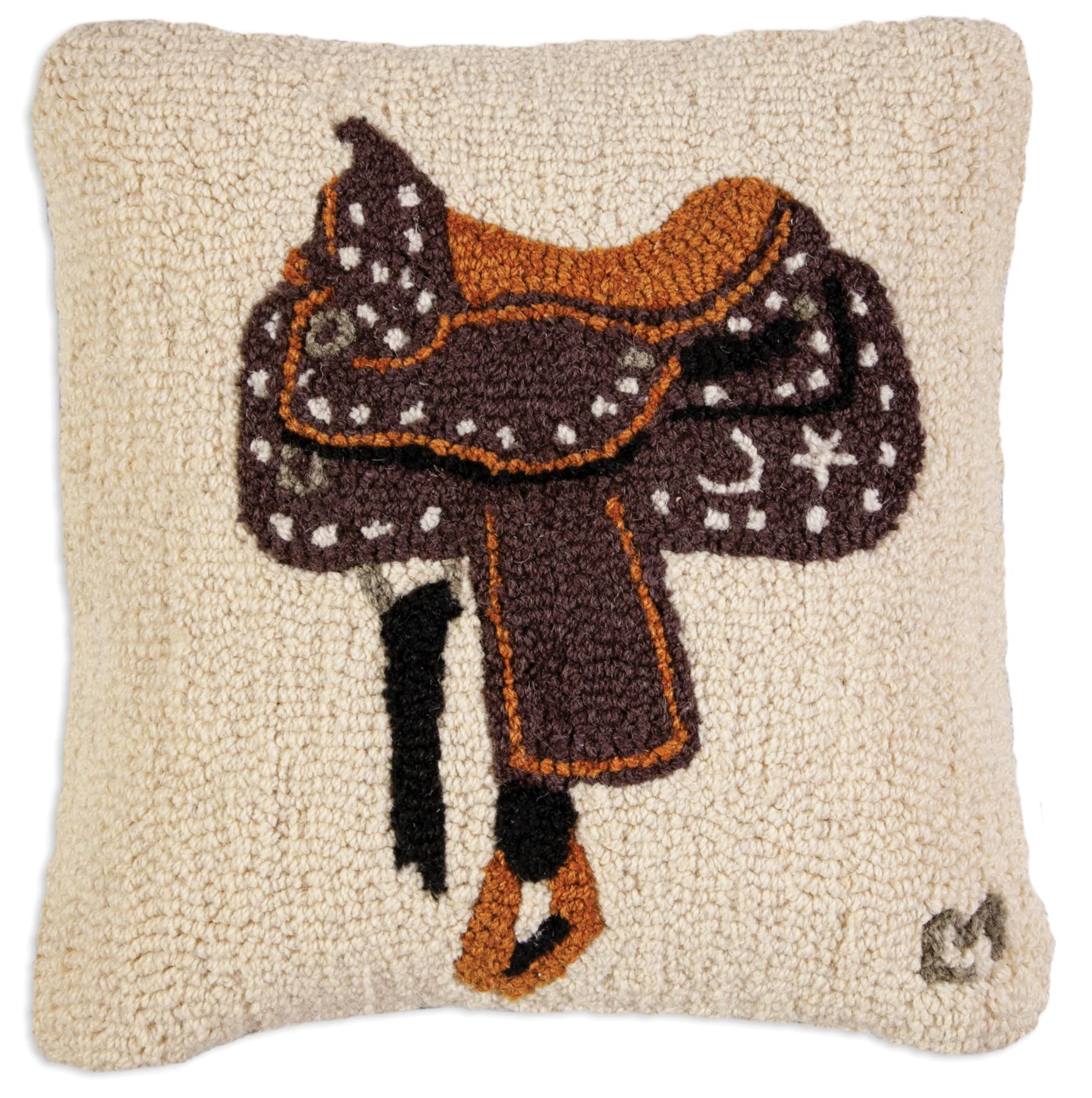 Western Saddle Hand-Hooked Wool Throw Pillow