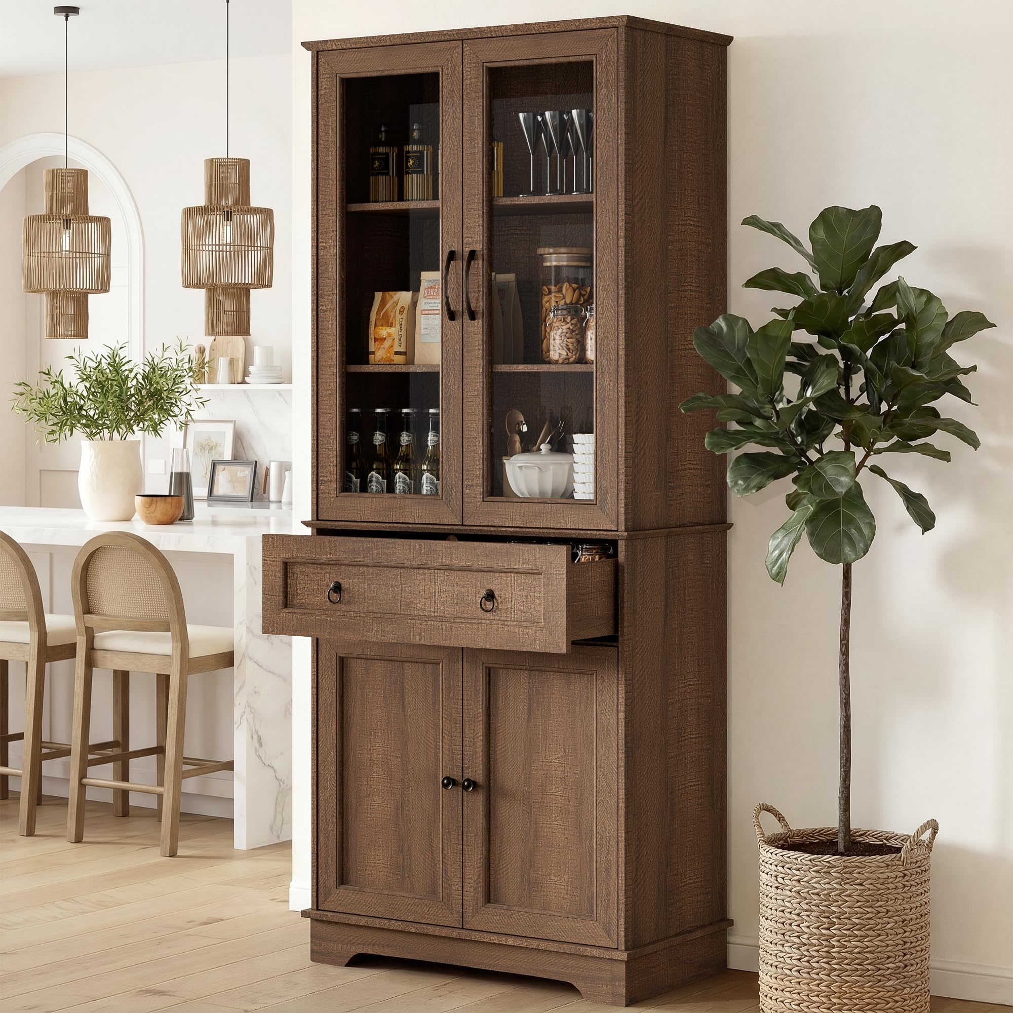 Tall Kitchen Pantry Cabinet with Glass Doors