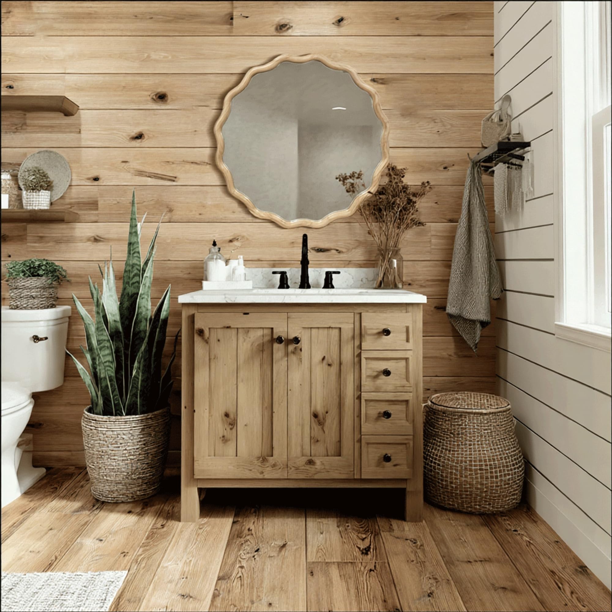 24" Wavy Round Wood Mirror