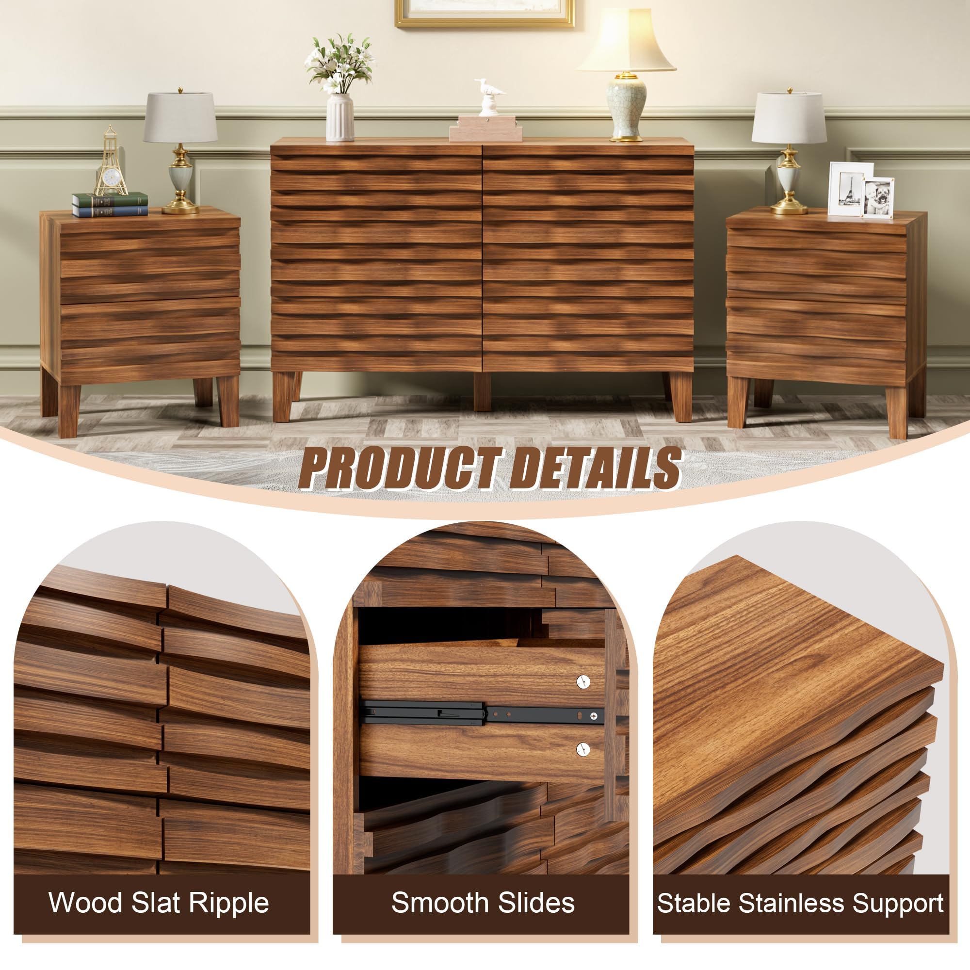 6-Drawer Dresser and Nightstand Set - Mid Century Modern Solid Wood Bedroom Furniture