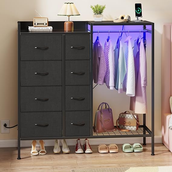 8-Drawer Dresser with Hanging Rack, Charging Station & LED Lights