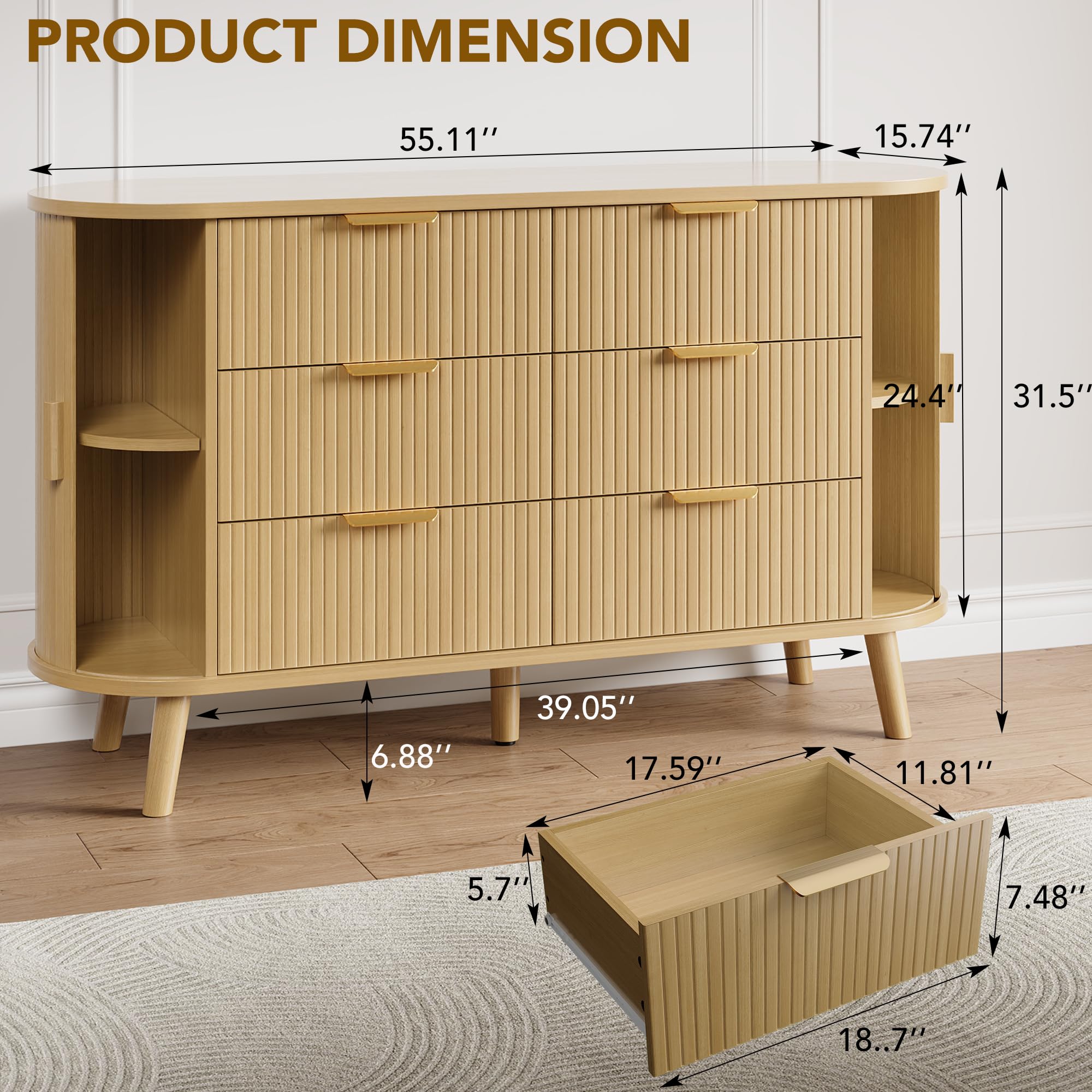 Fluted 6-Drawer Dresser with Sliding Door - 55 Inch Wide Mid-Century Modern